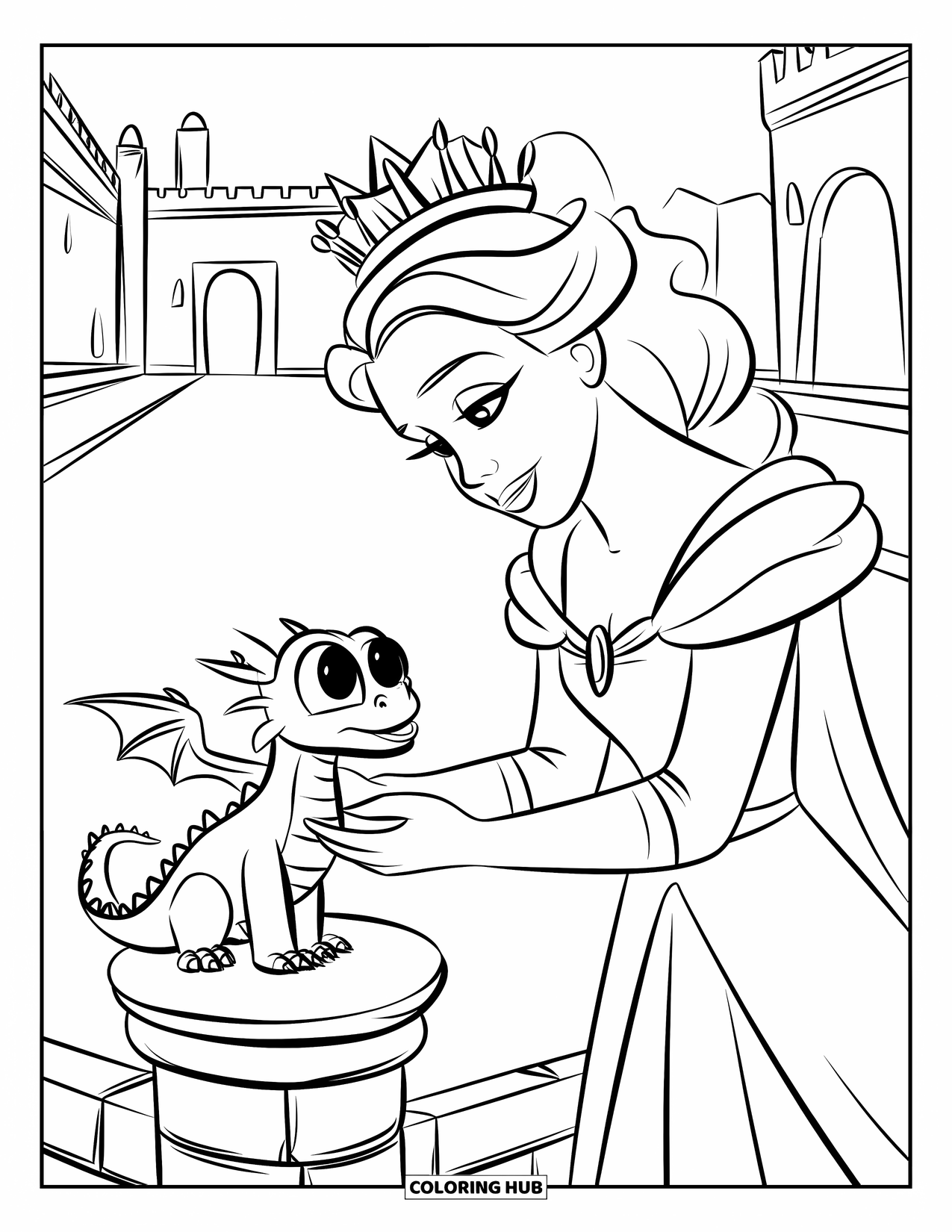 Queen Coloring Page for Kids: A royal queen feeds a small dragon perched on a stone pillar