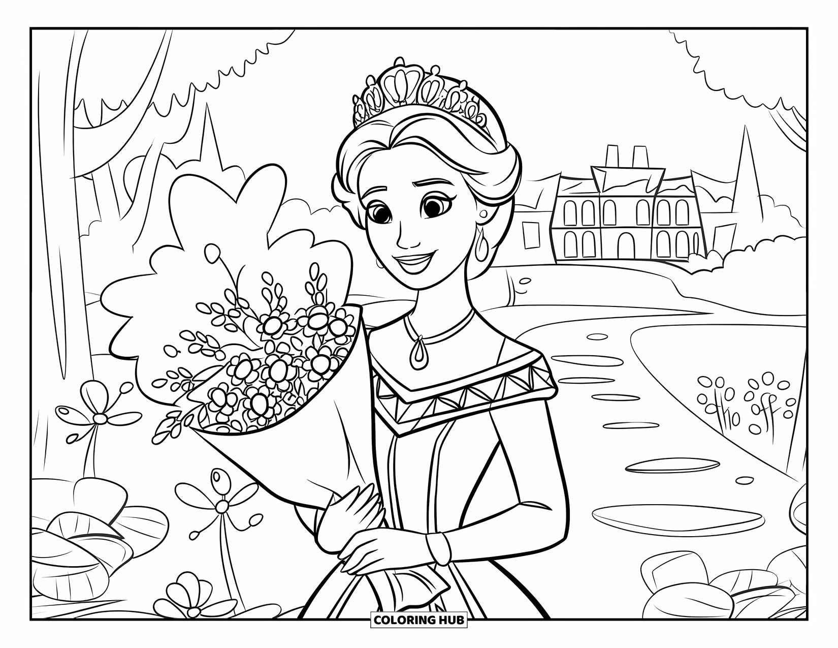 Queen Coloring Page for Kids: A royal queen holds flowers on a stone path surrounded by trees and a palace