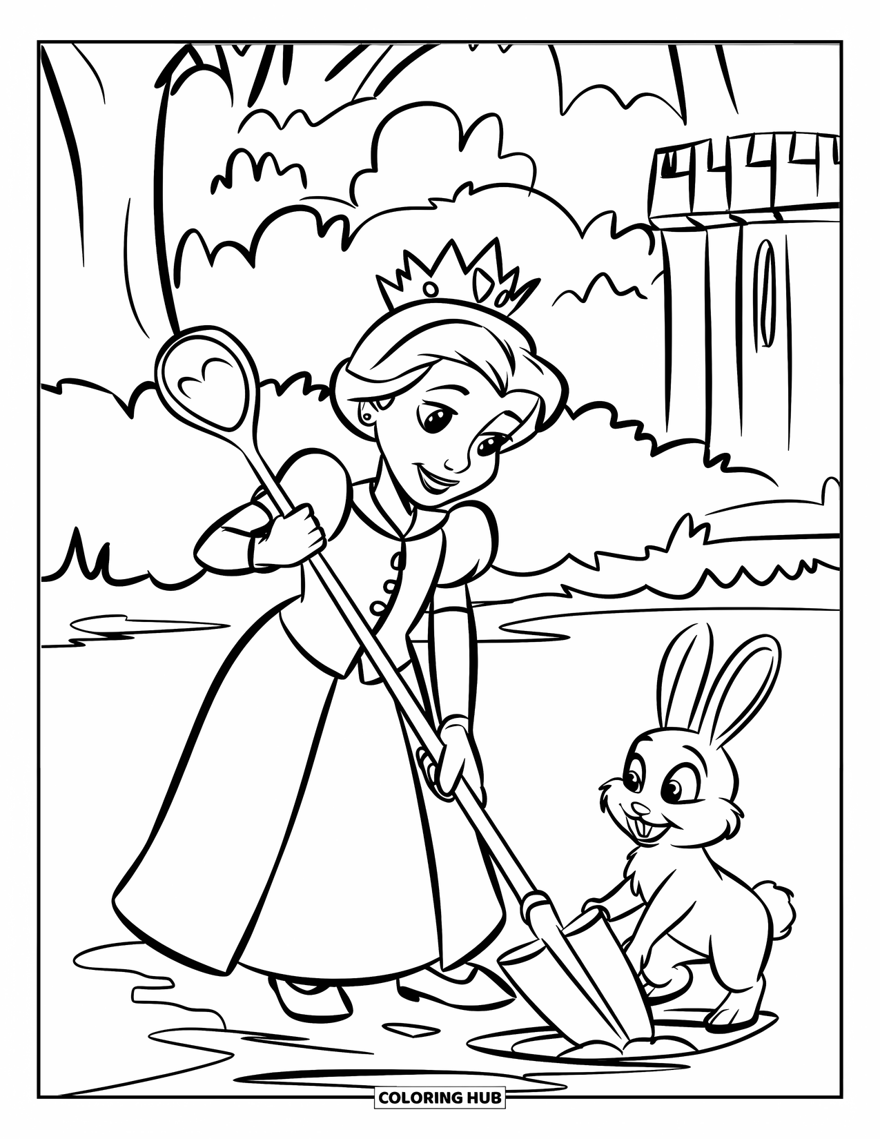 Queen Coloring Page for Kids: A royal queen plants a tree beside a fluffy rabbit near a castle