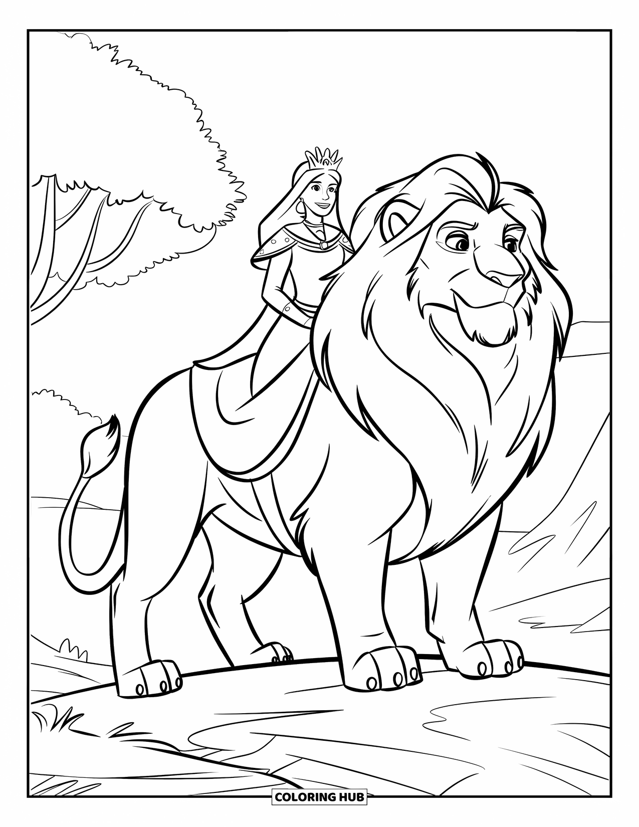 Queen Coloring Page for Kids: A royal queen rides a lion across rocky terrain with trees nearby