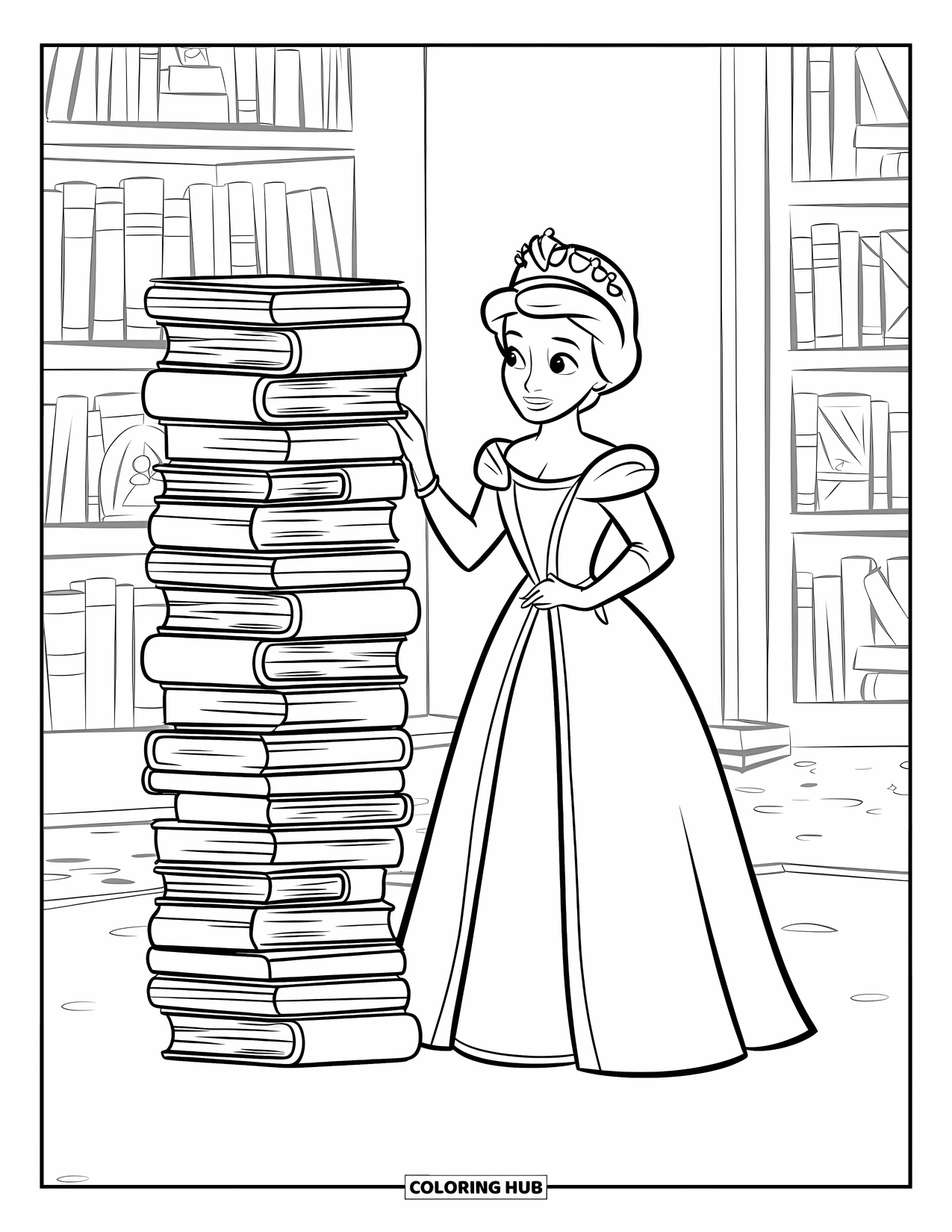 Queen Coloring Page for Kids: A royal queen stands by a tall stack of books in a grand library