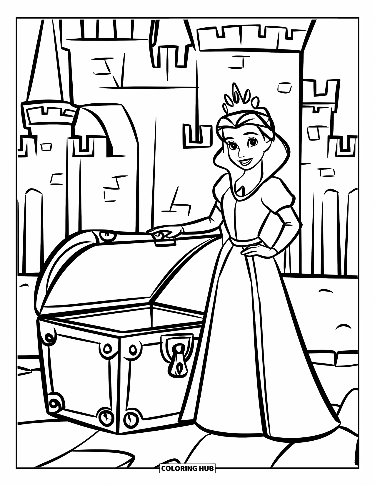 Queen Coloring Page for Kids: A royal queen stands next to a locked treasure chest in a castle courtyard