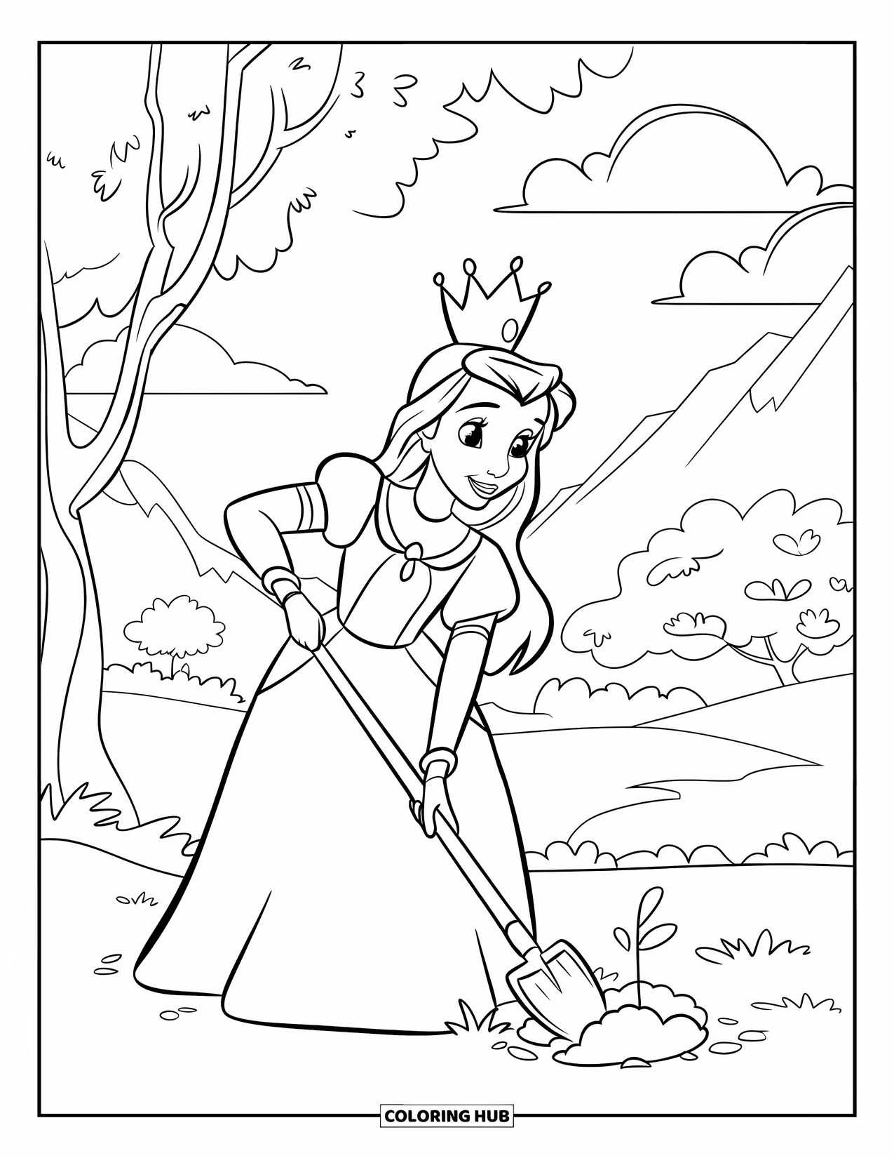Queen Coloring Page for Kids: A smiling queen plants a tree in a forest with mountains and a rainbow