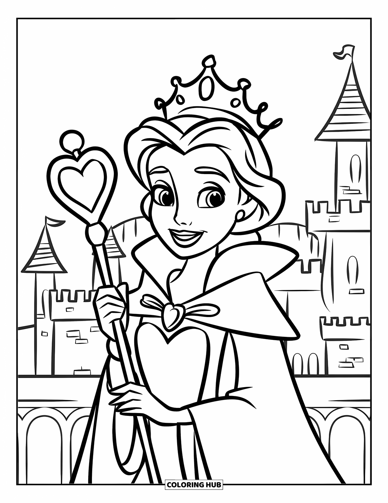 Queen Coloring Page for Kids: A smiling queen with a heart scepter stands near a towered castle