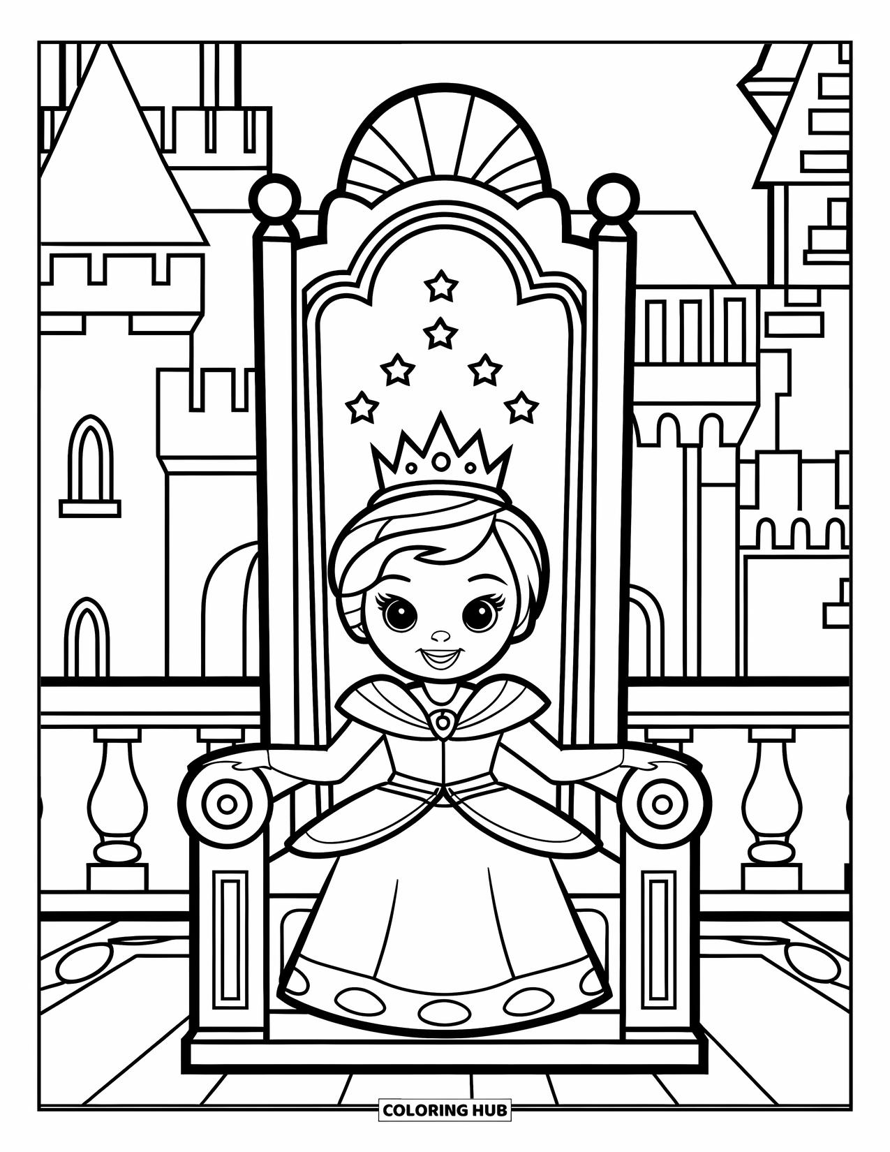Queen Coloring Page for Kids: A young queen in a royal dress sits on a detailed throne near a castle
