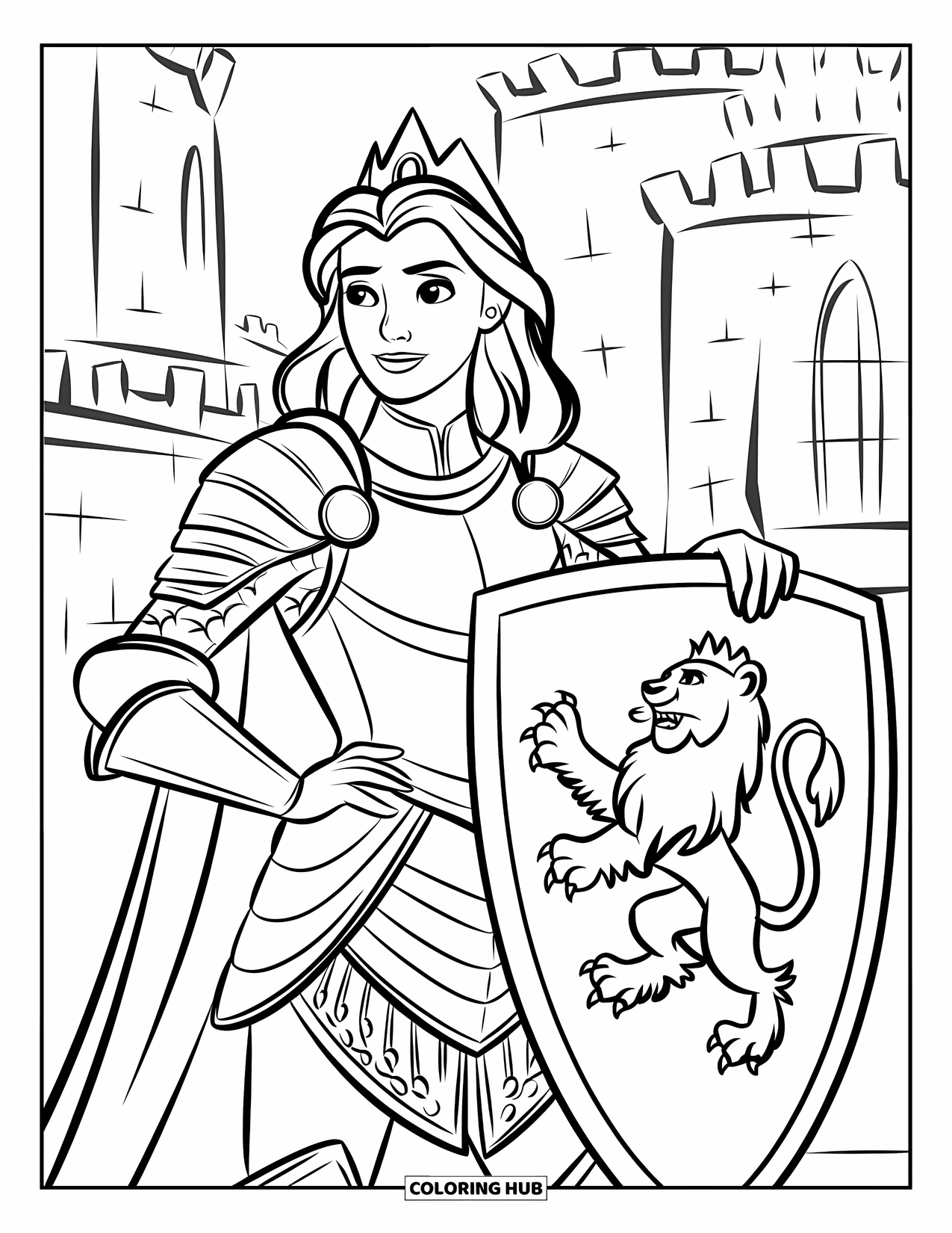 Queen Coloring Page for Kids: An armored queen stands beside a lion-emblazoned shield at a castle