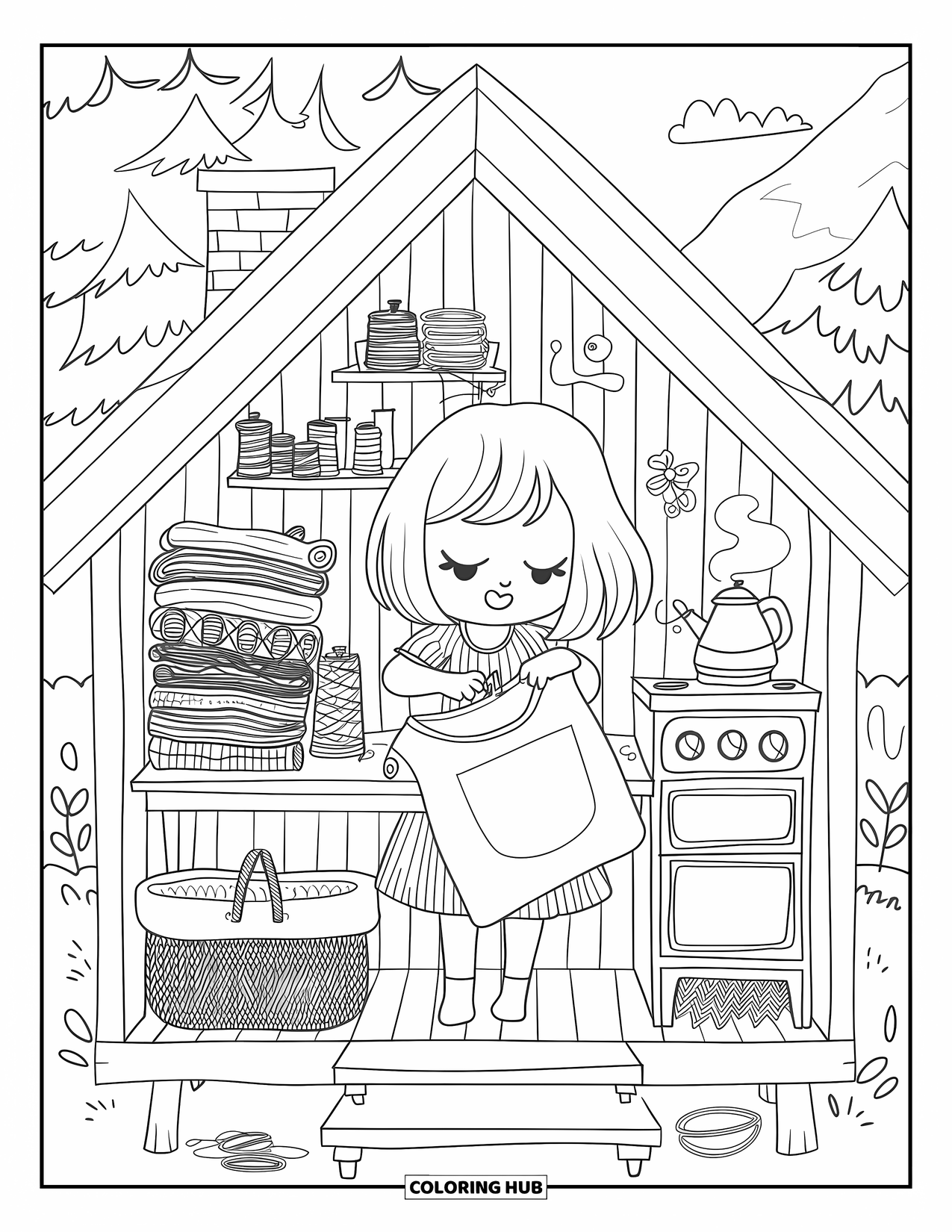 Recycling Coloring Page for Adults: Chibi girl cutting an old T-shirt into a reusable bag in a tiny cabin