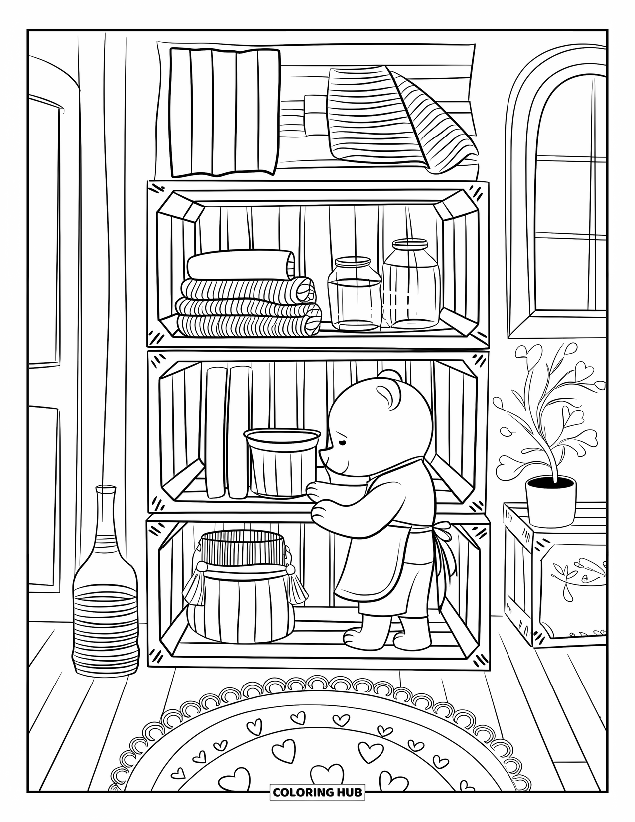 Recycling Coloring Page for Adults: Cozy nook with reused crate shelves, jars, and a bear near a bottle planter