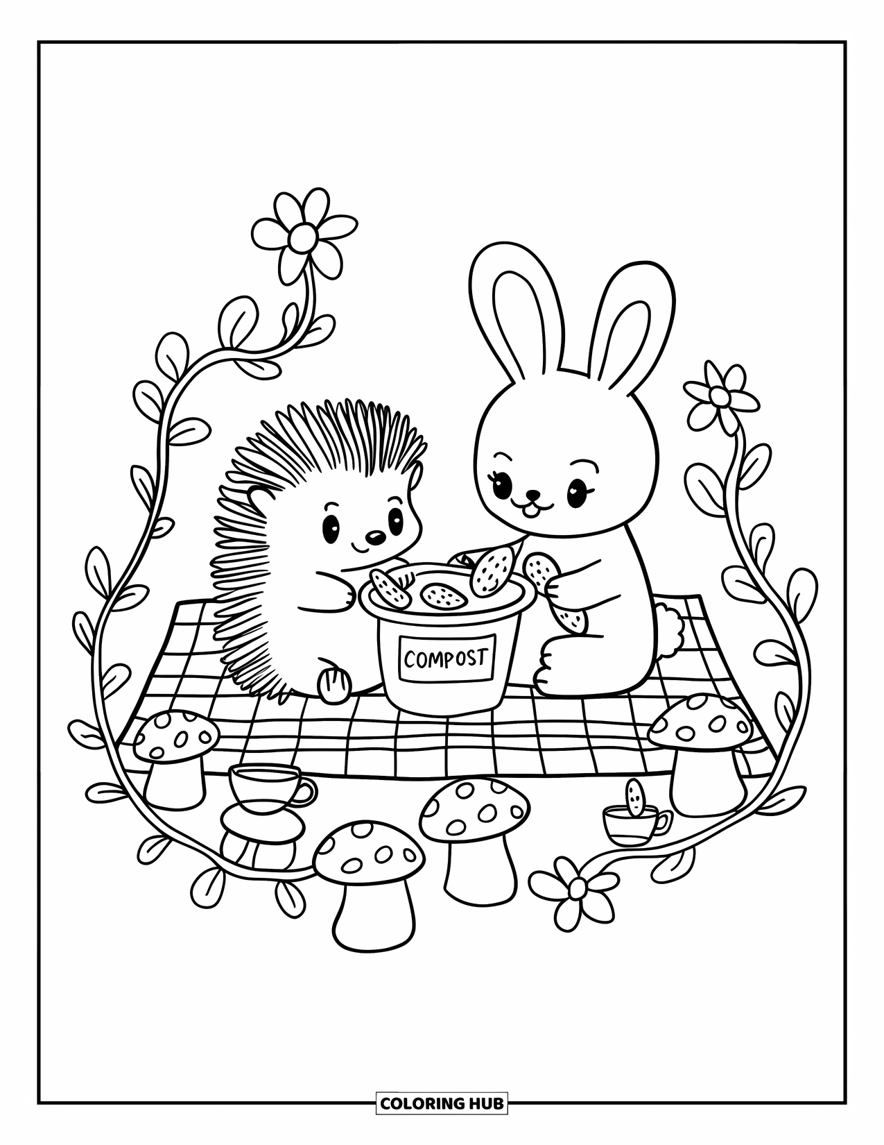 Recycling Coloring Page for Adults: Hedgehog and bunny composting fruit peels during a tiny forest picnic