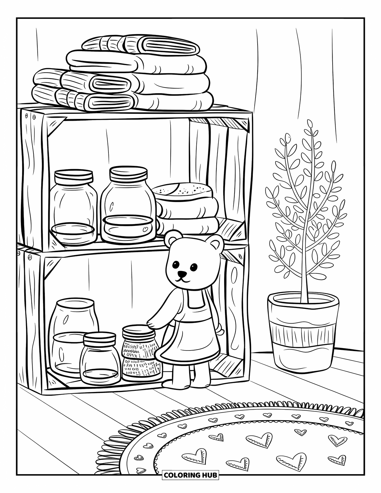 Recycling Coloring Page for Adults: Indoor nook with reused crate shelves, jars, and a bear near a bottle planter