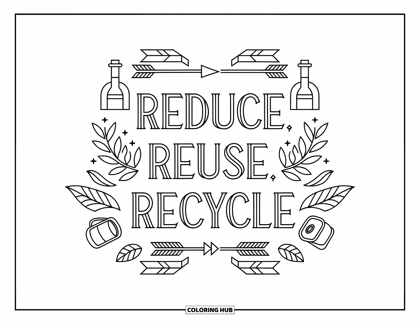 Recycling Coloring Page for Adults: Intricate arrows and eco objects circling the quote "Reduce, Reuse, Recycle"