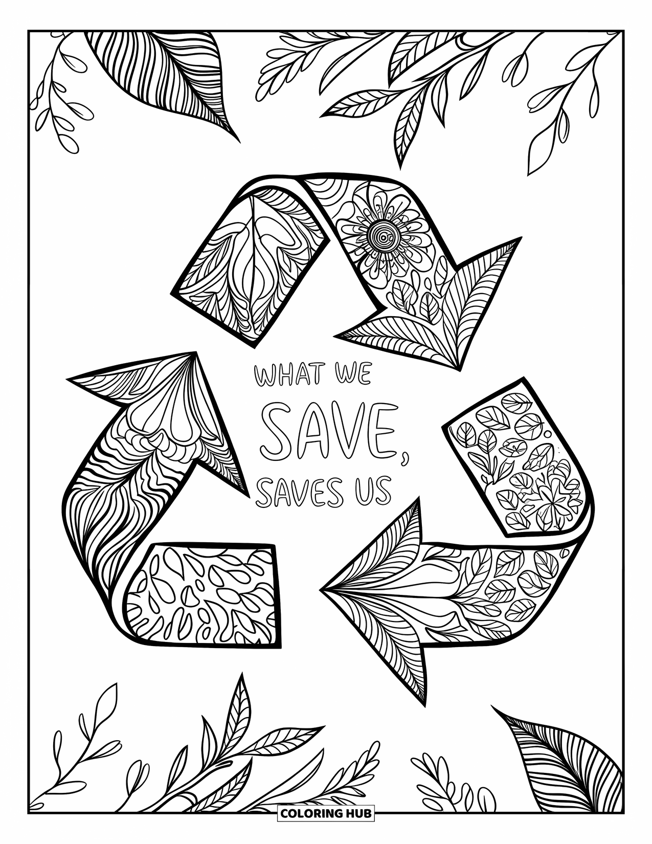 Recycling Coloring Page for Adults: Quote "What we save, saves us" inside a decorative recycling triangle