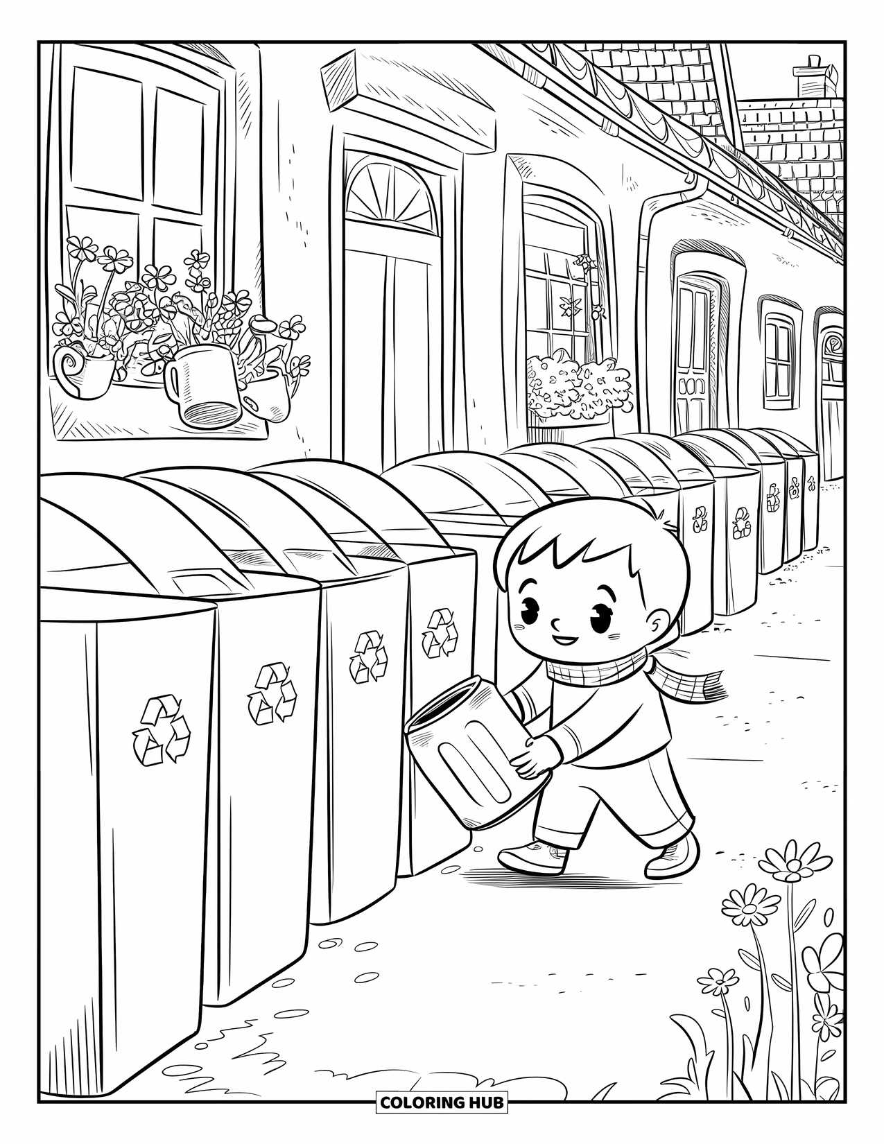 Recycling Coloring Page for Adults: Recycling bins lined up in a cute village alley with a boy carrying a tin can