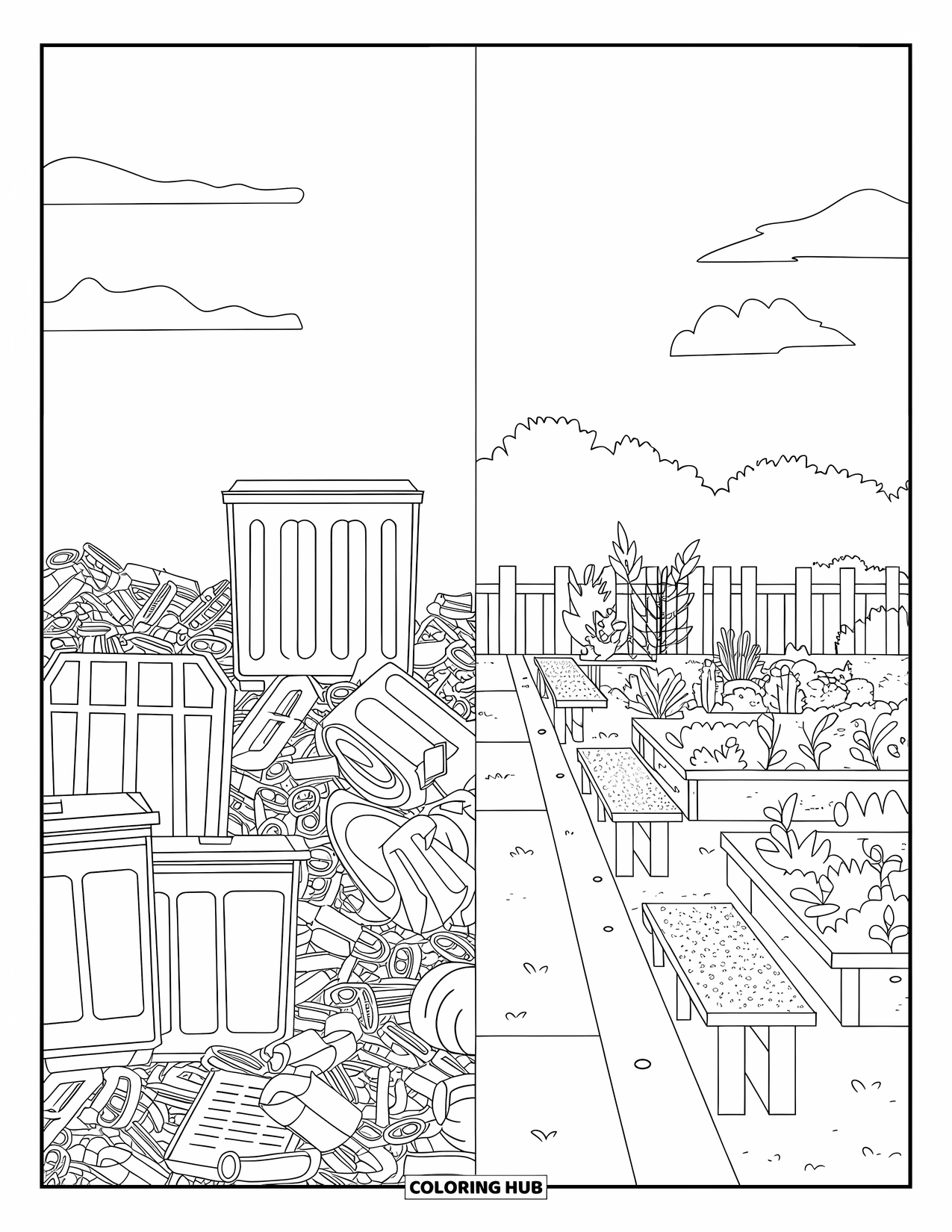 Recycling Coloring Page for Adults: Side-by-side view of landfill and community garden under a clear sky
