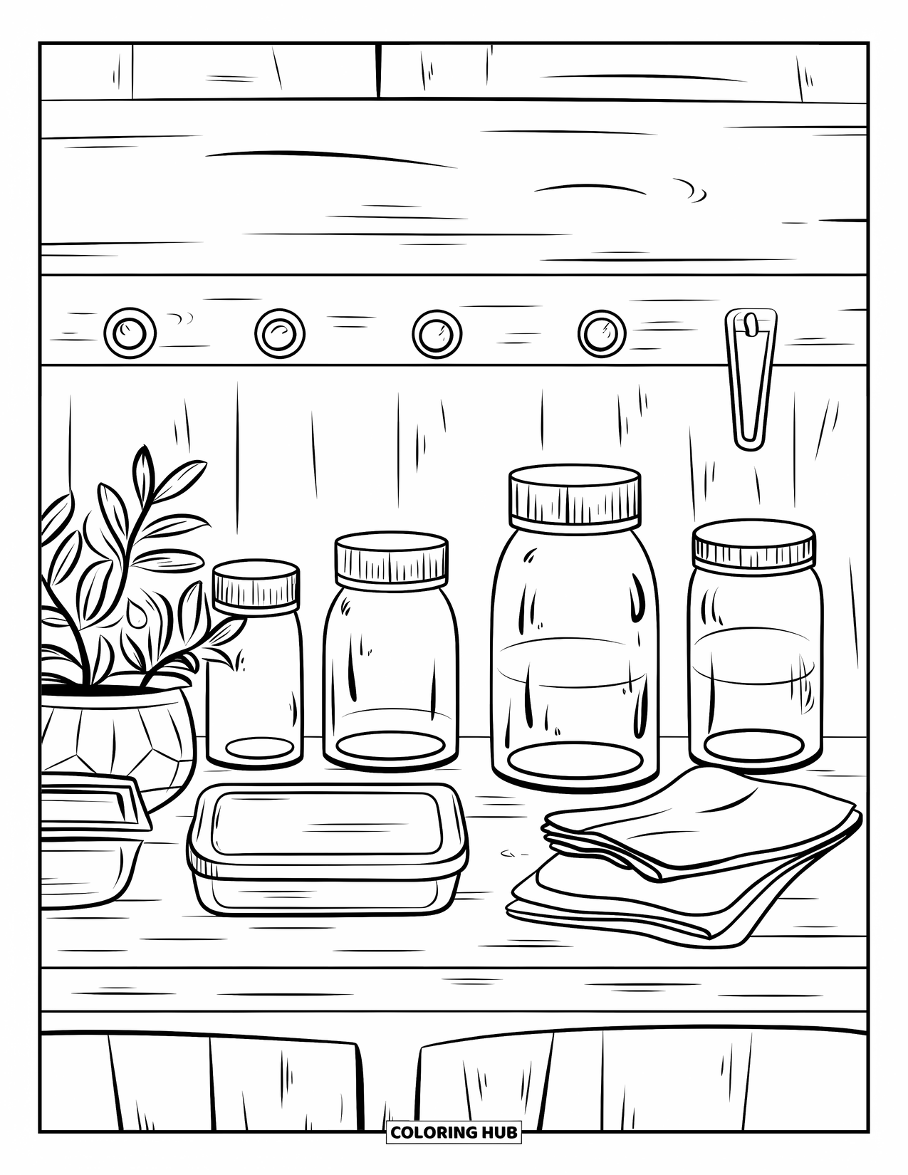 Recycling Coloring Page for Adults: Wooden counter with jars, lunchbox, and folded napkins in a zero-waste kitchen
