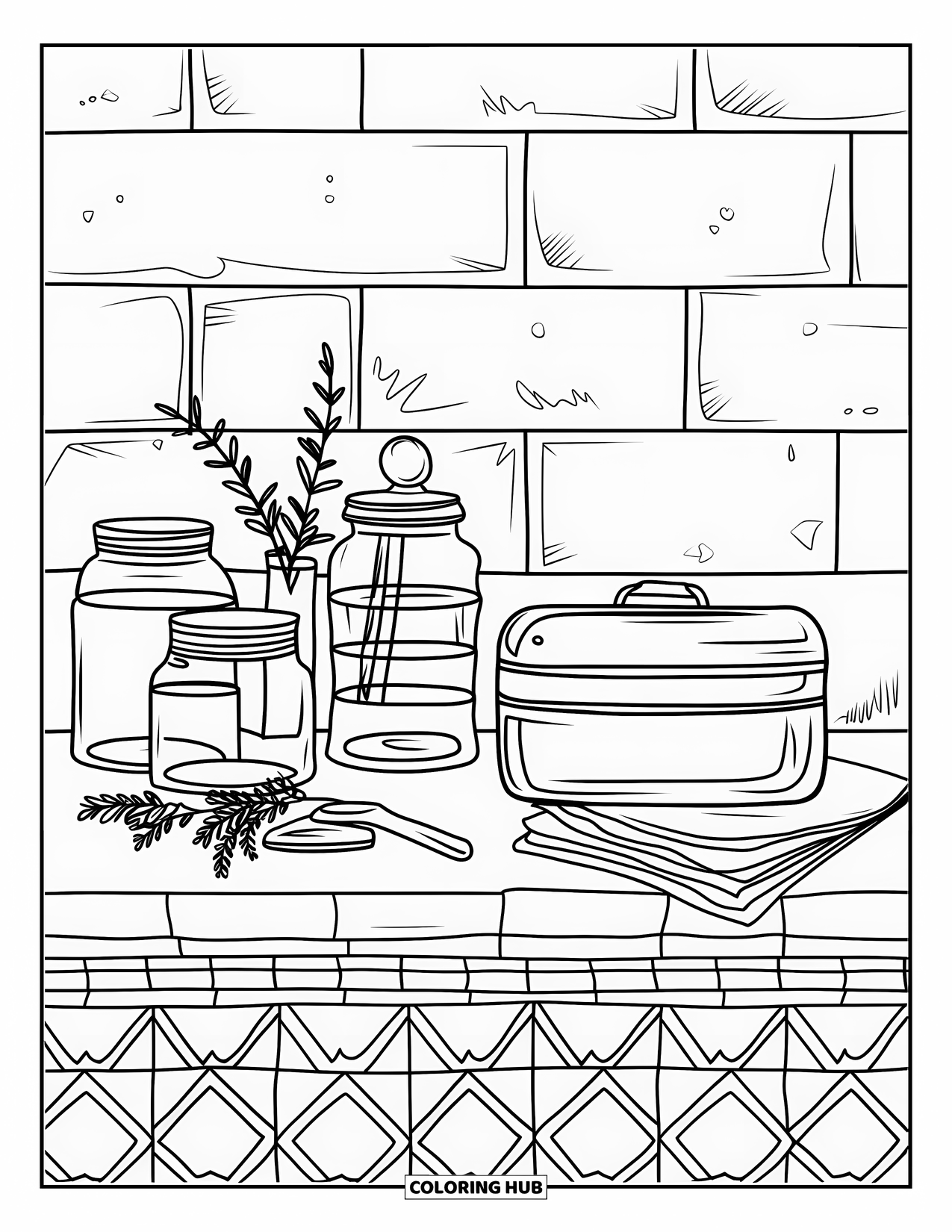 Recycling Coloring Page for Adults: Zero-waste kitchen counter with jars, lunchbox, herbs, and napkins