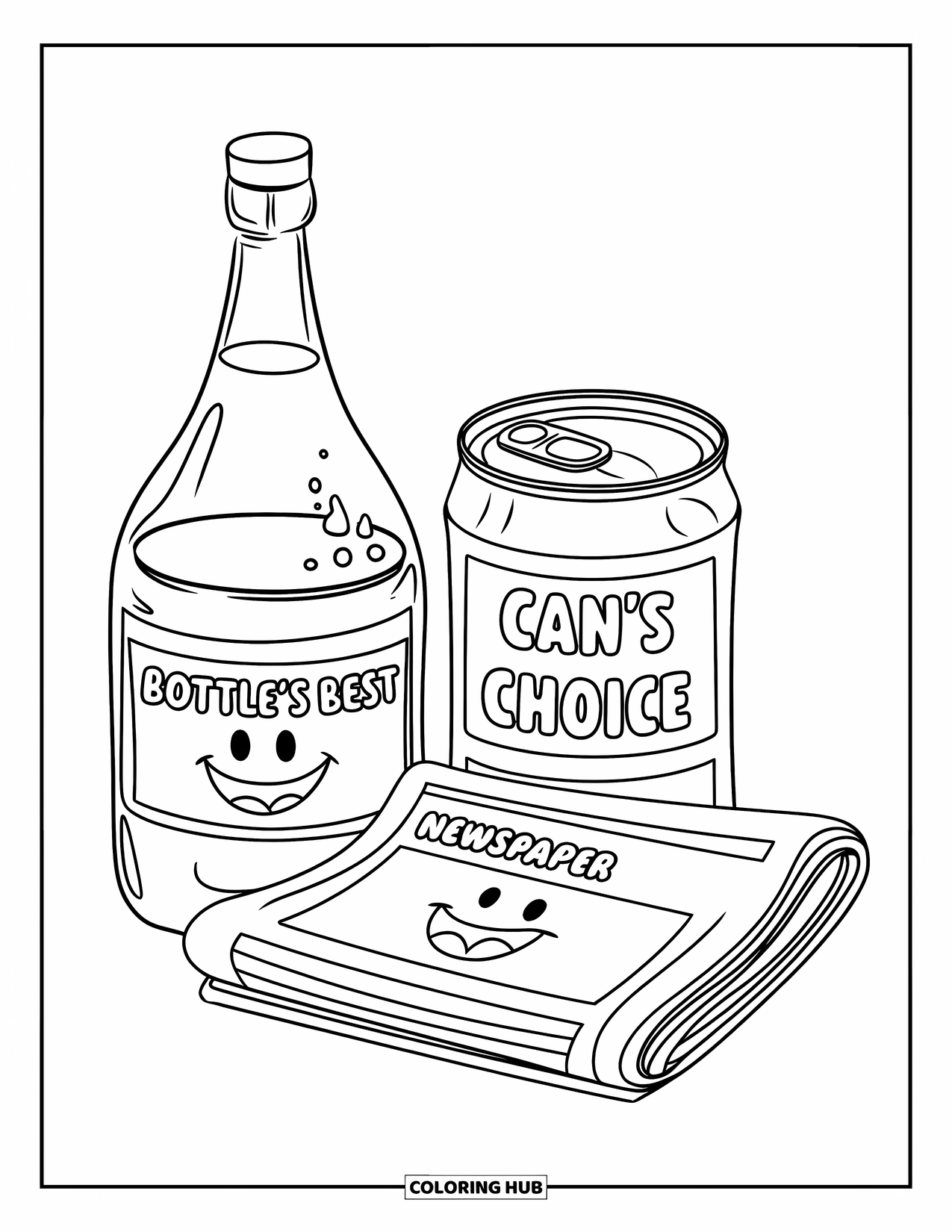 Recycling Coloring Page for Kids: Bottle, can, and newspaper with fun, smiling faces