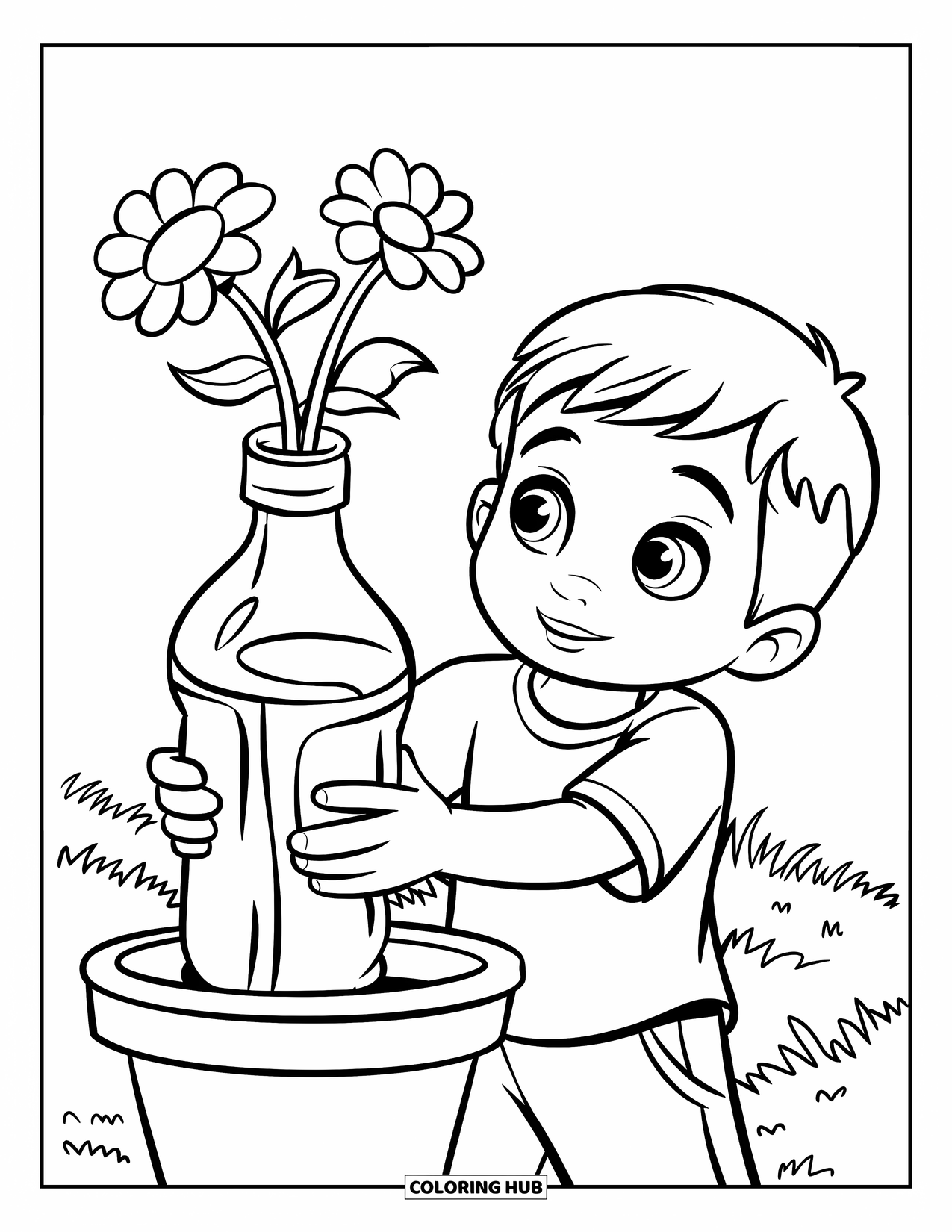 Recycling Coloring Page for Kids: Child holding a bottle flower vase in a garden field