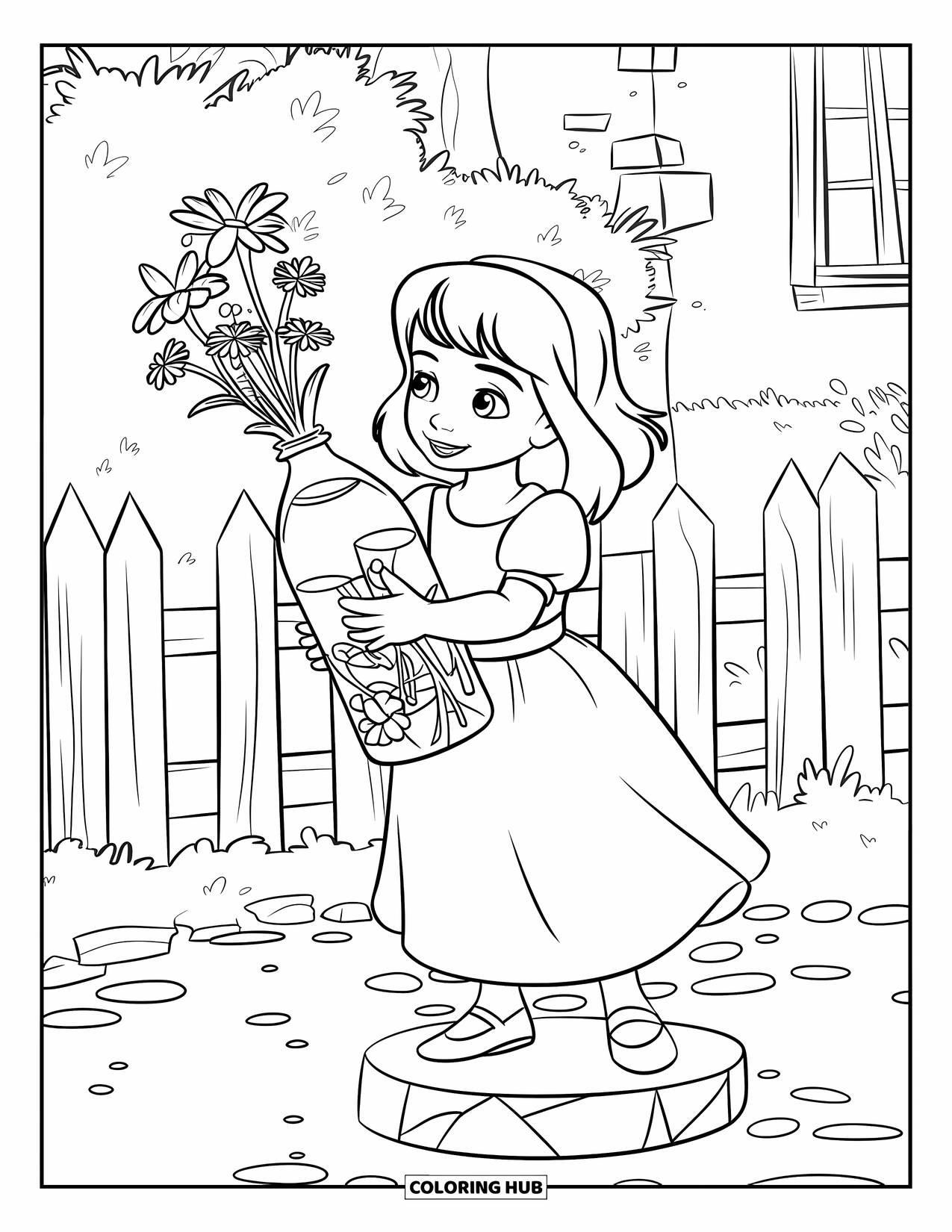 Recycling Coloring Page for Kids: Child holding a bottle with flowers near a fence and building