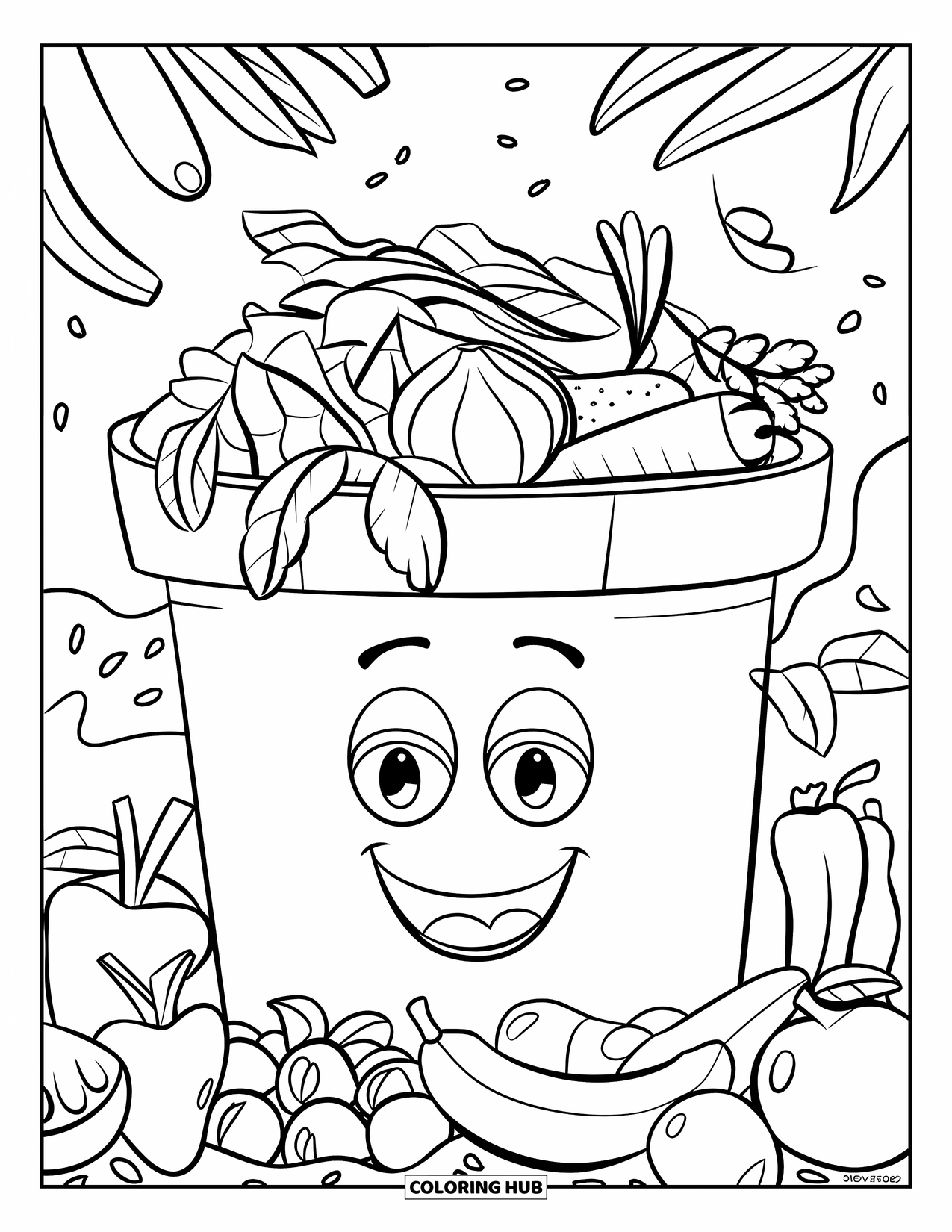 Recycling Coloring Page for Kids: Compost bin with smiling food scraps and fruits and vegetables nearby