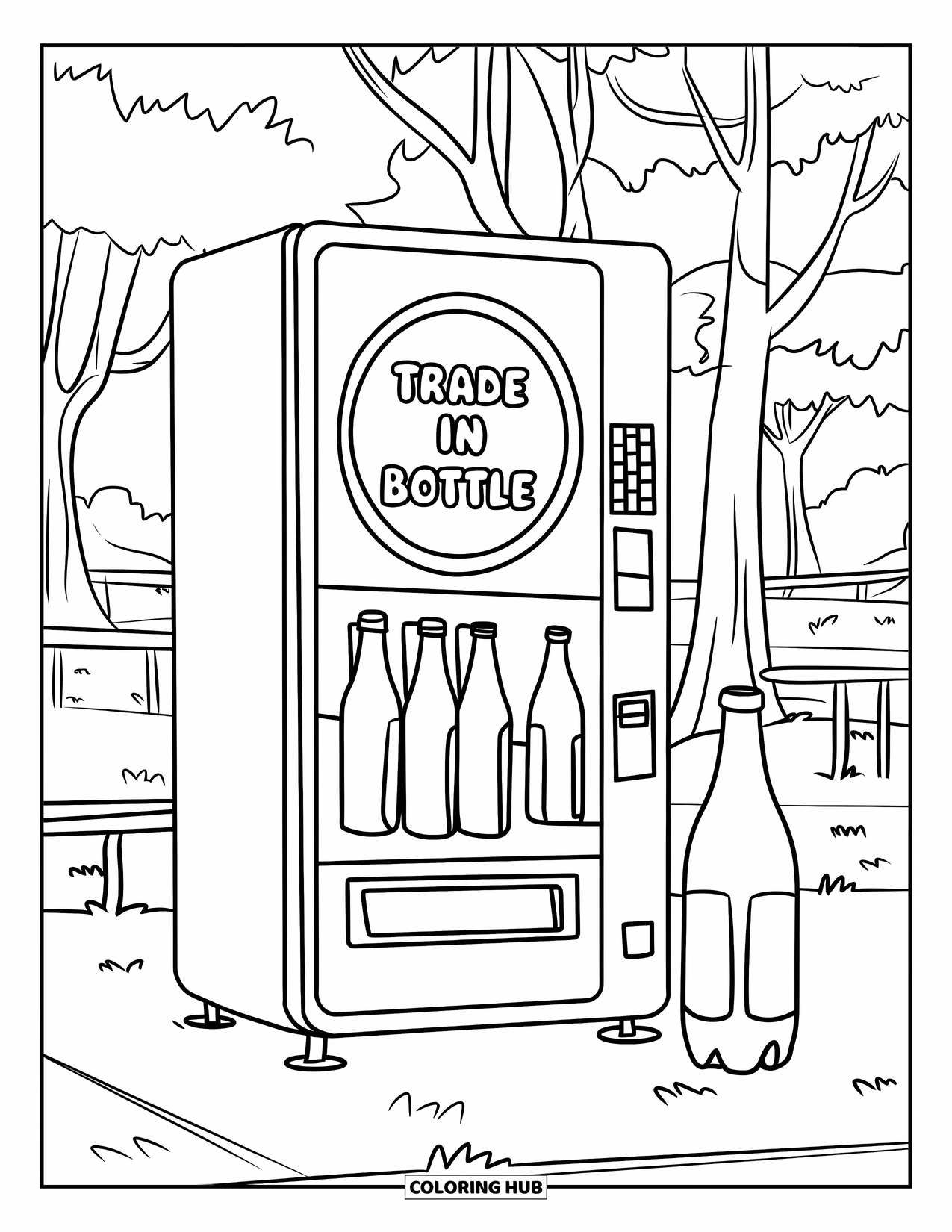 Recycling Coloring Page for Kids: Eco rewards vending machine with a trade-in button in a park