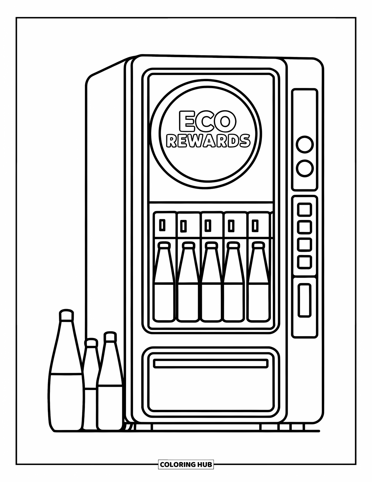 Recycling Coloring Page for Kids: Eco rewards vending machine with bottles beside it