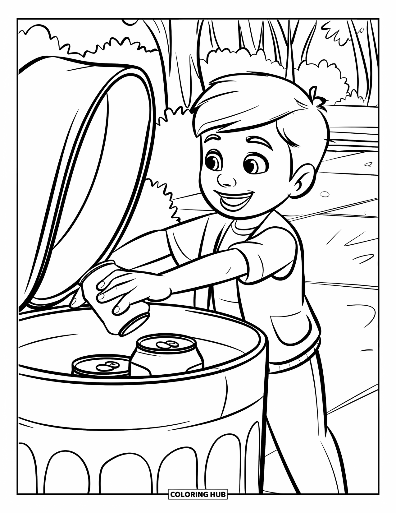 Recycling Coloring Page for Kids: Kid throwing a can into a recycling bin in a park