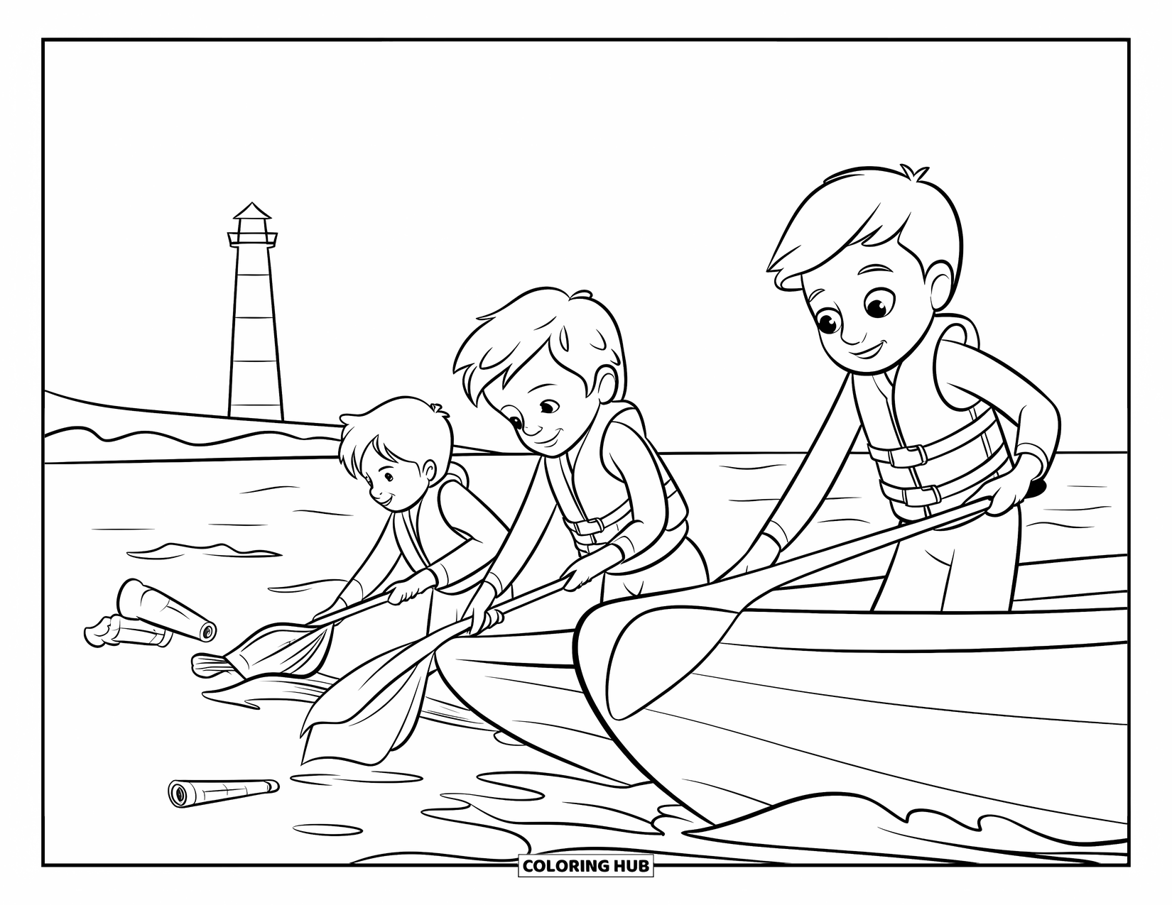 Recycling Coloring Page for Kids: Kids wearing life jackets collecting trash from a boat during a beach cleanup