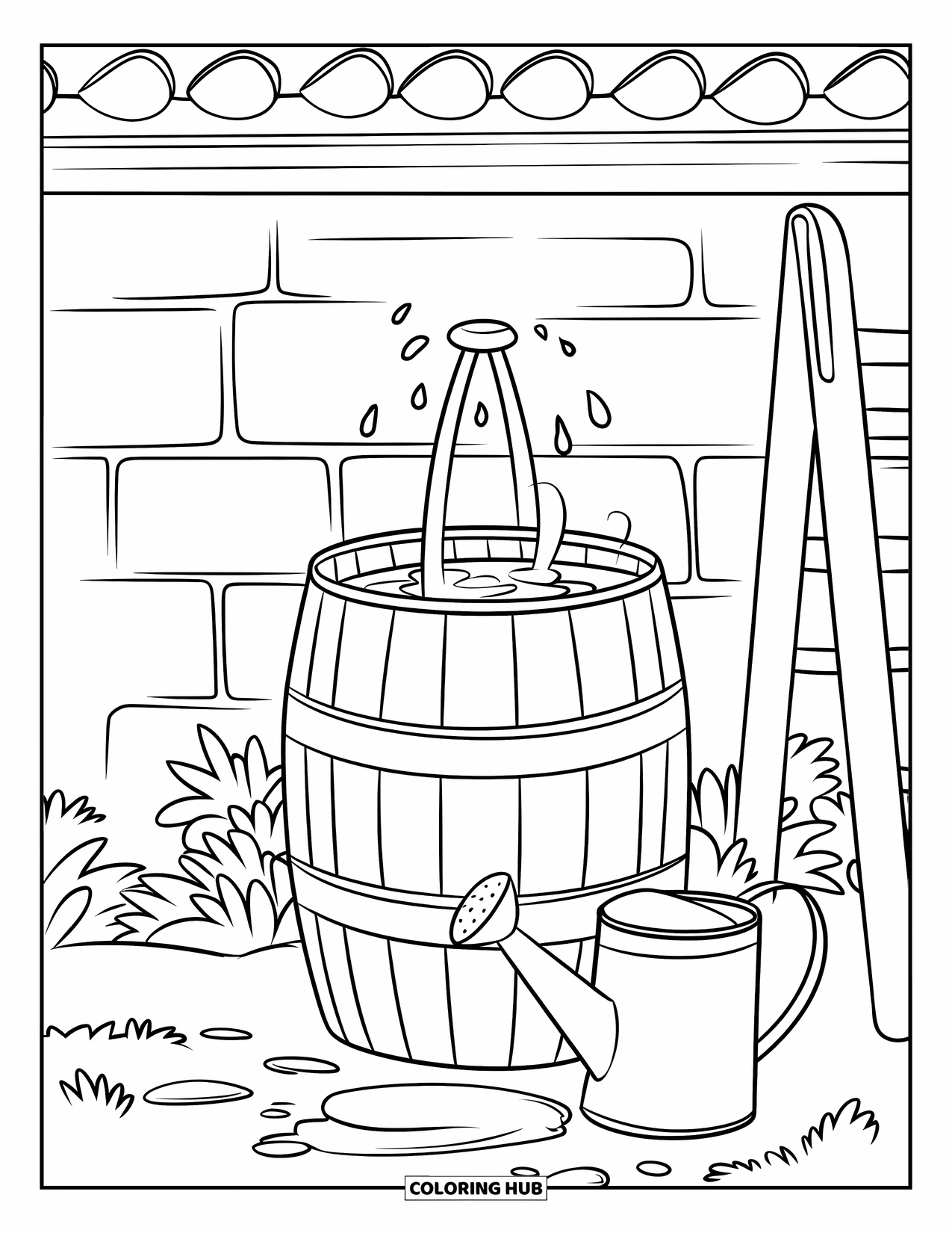 Recycling Coloring Page for Kids: Rain barrel with a ladder nearby catching water from the roof