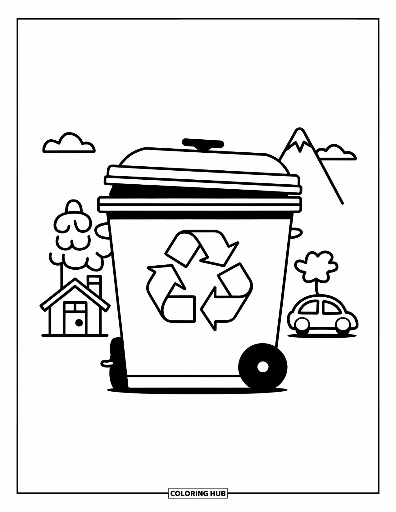 Recycling Coloring Page for Kids: Recycling bin with a bold symbol surrounded by house, tree, car, and mountain