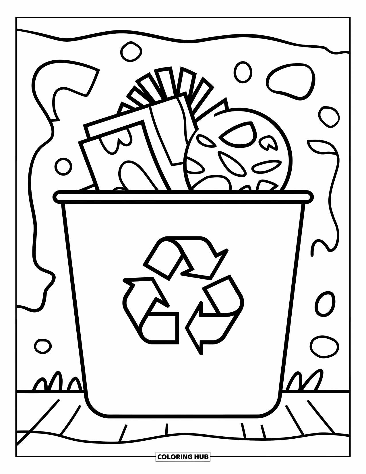 Recycling Coloring Page for Kids: Recycling bin with a large symbol and playful shapes around it