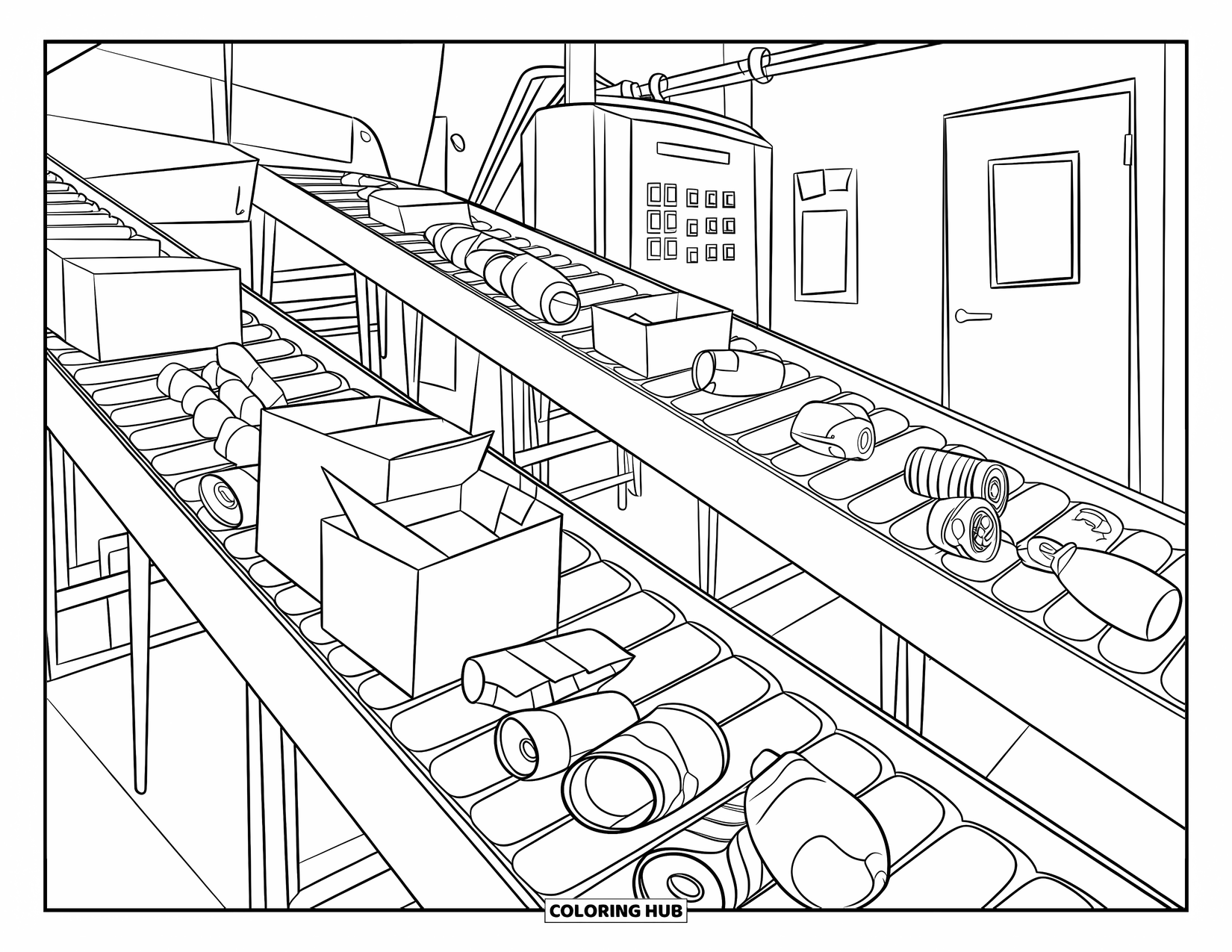 Recycling Coloring Page for Kids: Recycling plant with conveyor belts, control panel, and sorted items