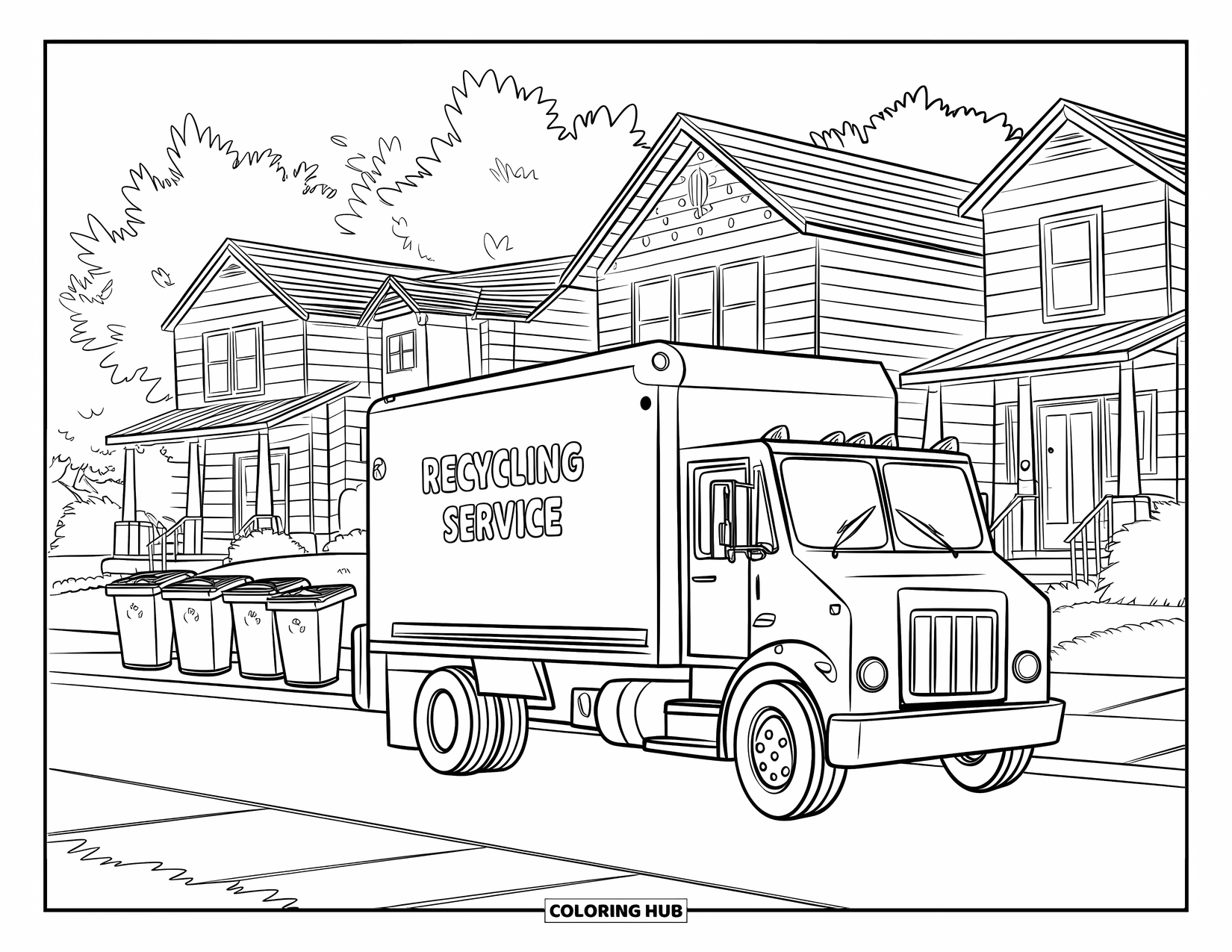 Recycling Coloring Page for Kids: Recycling truck stopping at neighborhood houses with recycling bins