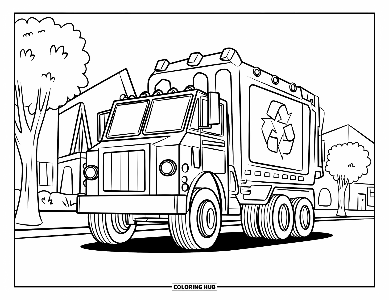 Recycling Coloring Page for Kids: Recycling truck with large wheels parked on a street with trees and houses
