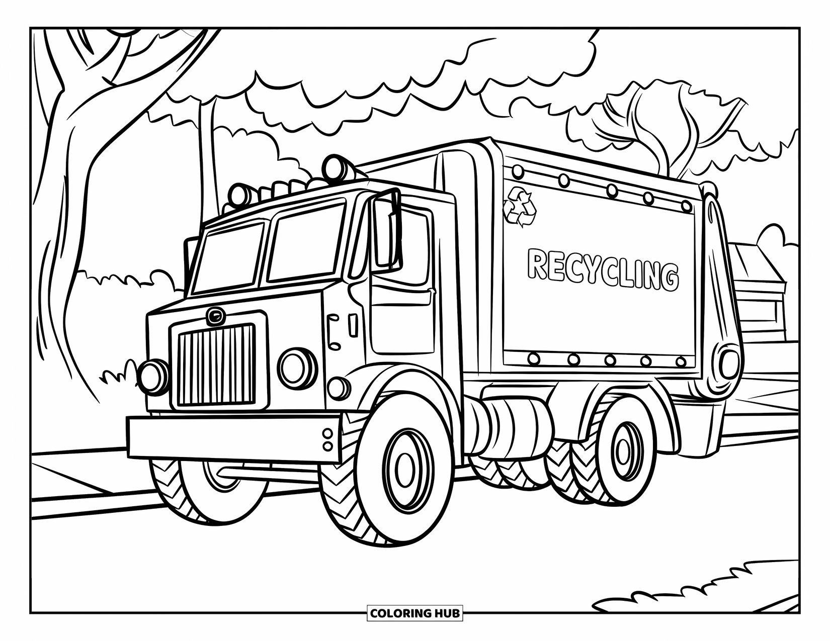 Recycling Coloring Page for Kids: Recycling truck with ìRecyclingî text parked on a road with trees