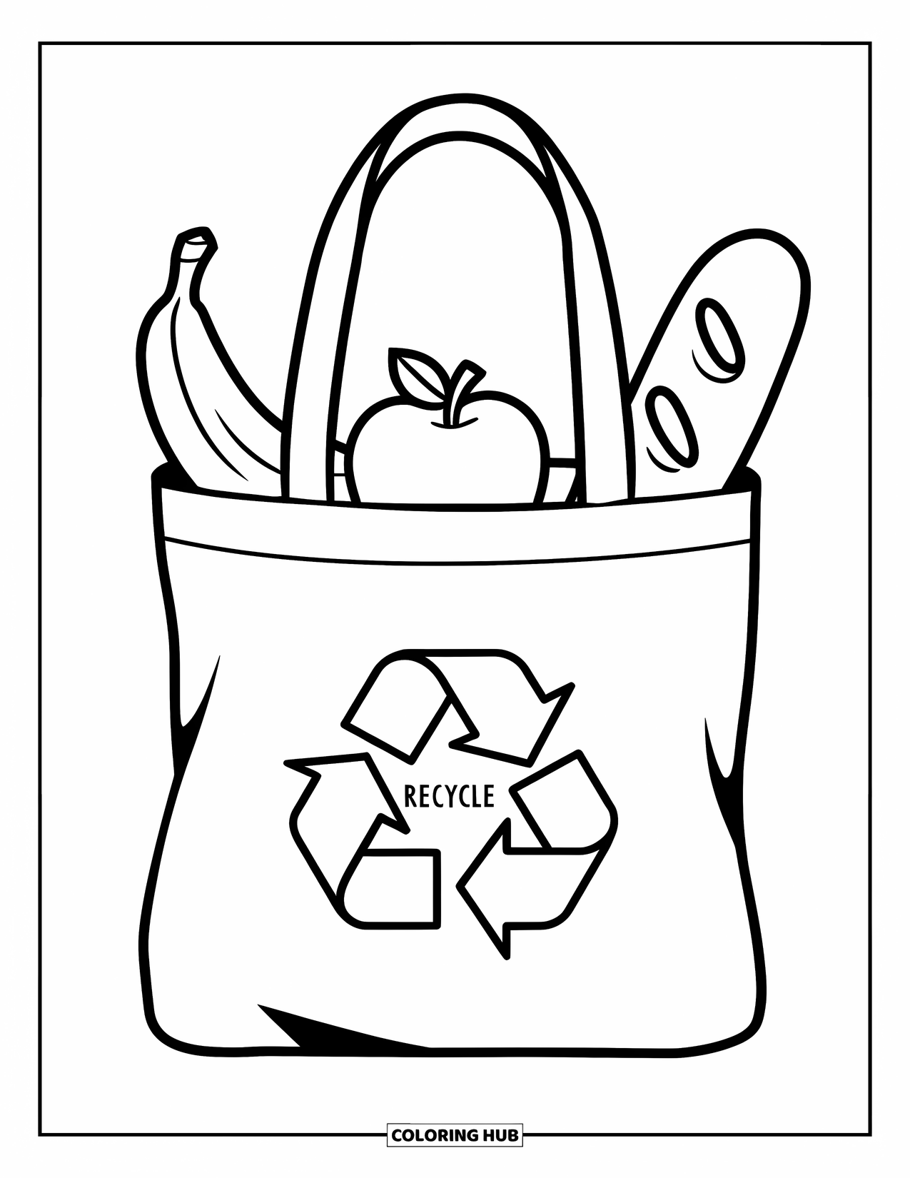 Recycling Coloring Page for Kids: Reusable tote bag with food items and a recycling symbol