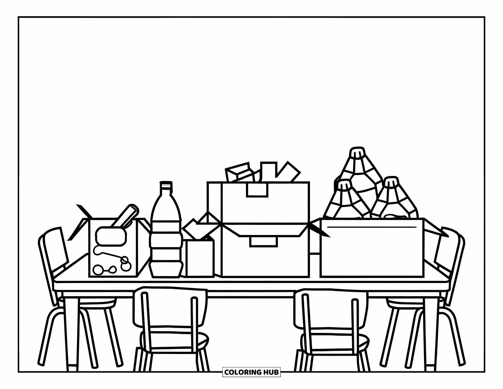 Recycling Coloring Page for Kids: School recycling project table with boxes and bottles