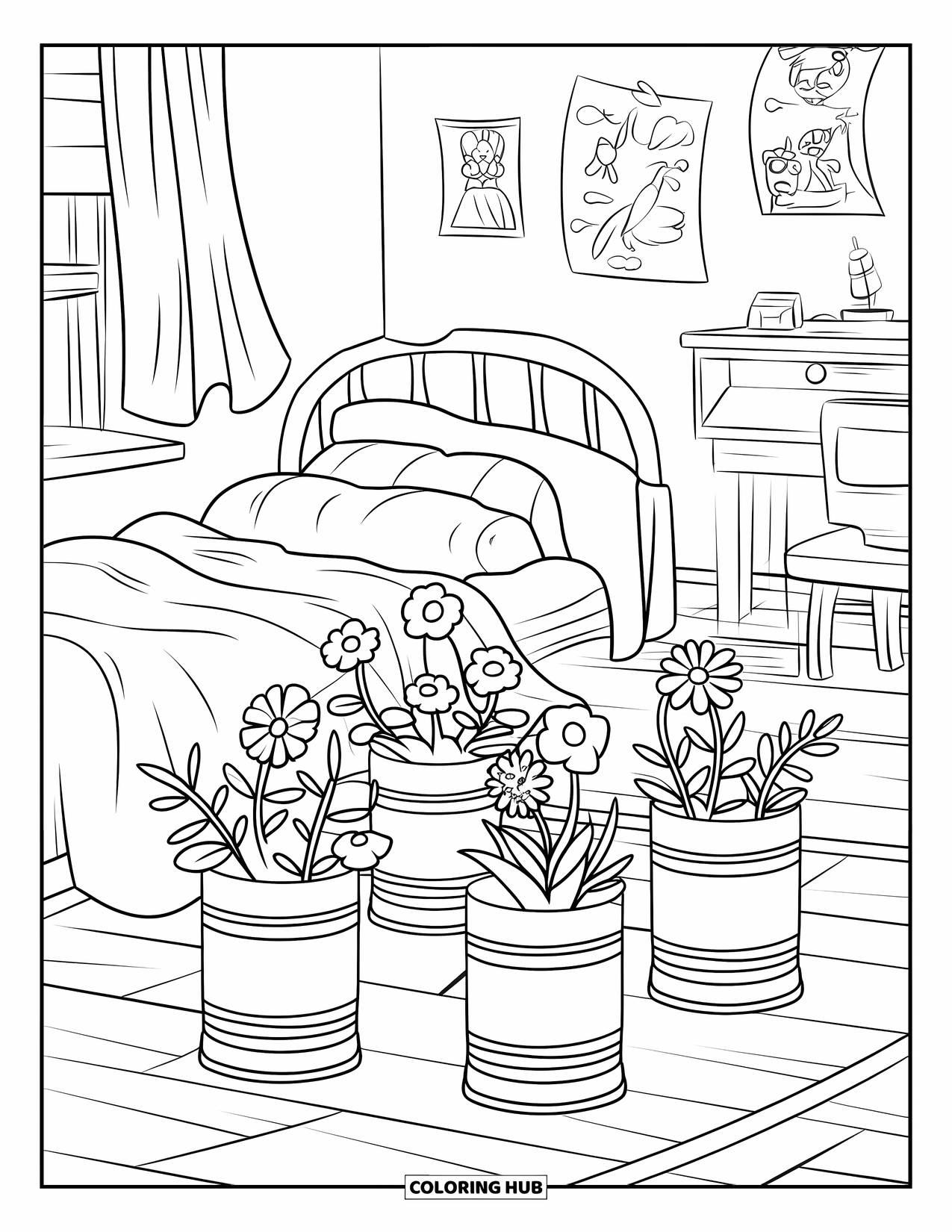 Recycling Coloring Page for Kids: Teenís room with cans turned into flower pots and posters on the wall