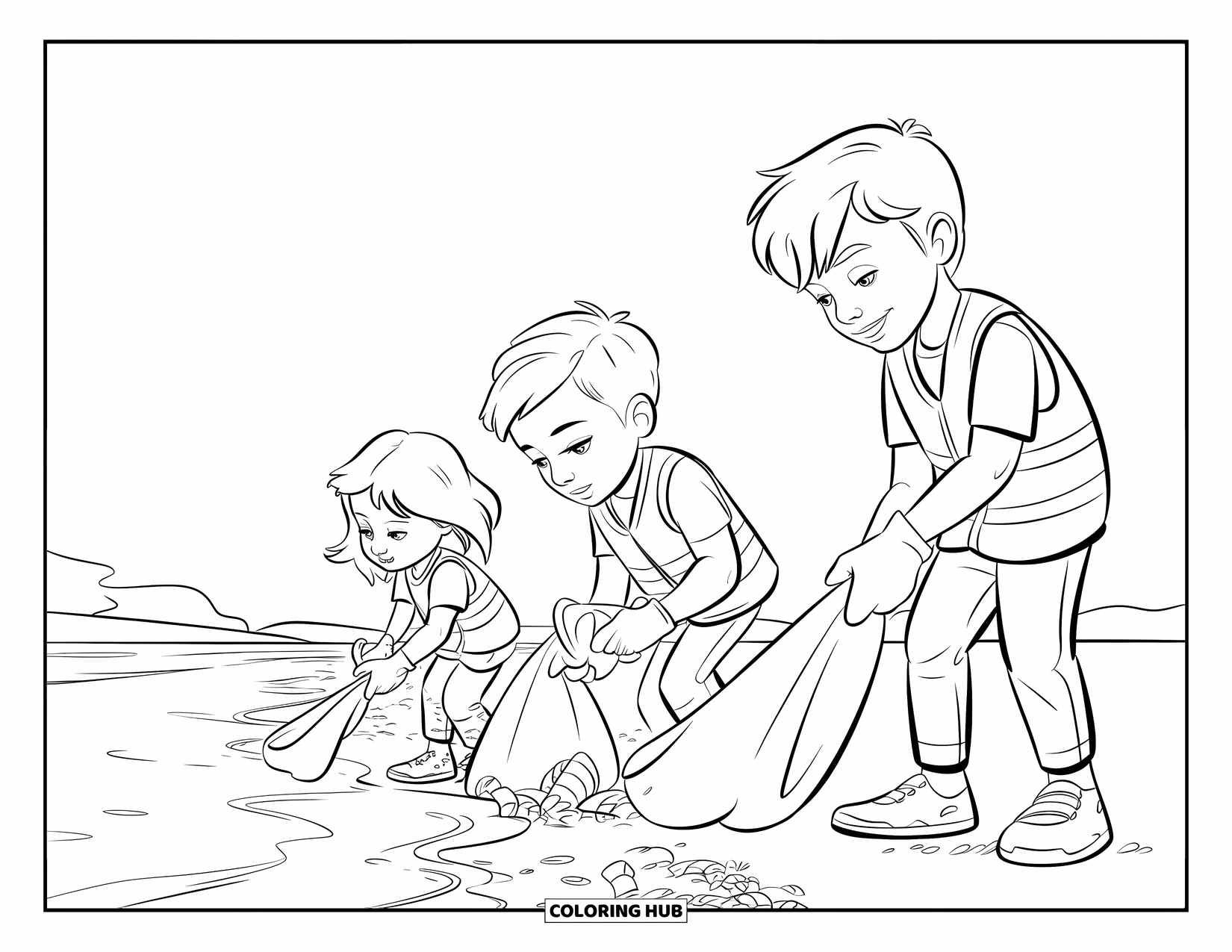 Recycling Coloring Page for Kids: Three kids cleaning up plastic waste along the beach shore