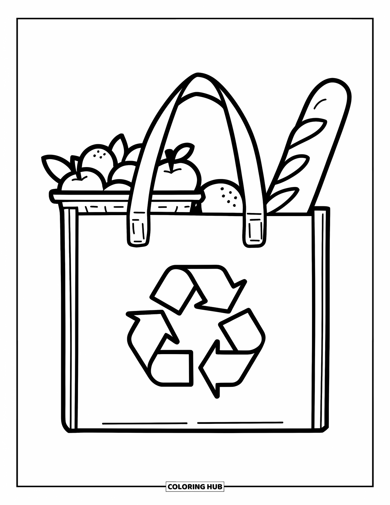Recycling Coloring Page for Kids: Tote bag with fruit basket, bread, and a recycle symbol