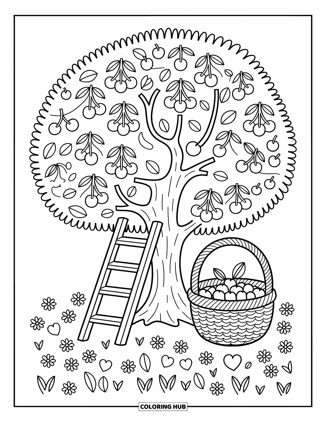 Red Coloring Page for Adults: A cherry tree with a ladder and basket is surrounded by clover and wildflowers