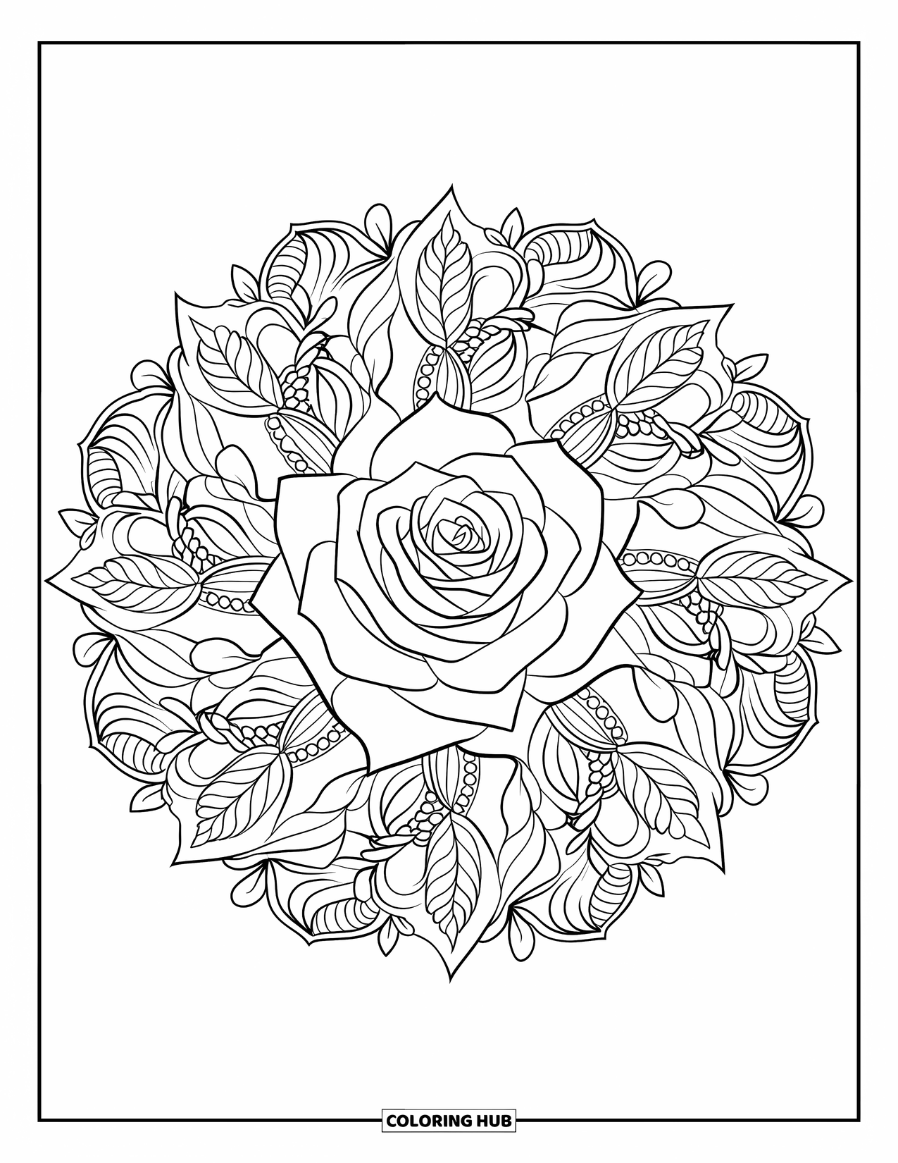 Red Coloring Page for Adults: A detailed rose is centered in a mandala of vines, leaves, and petals
