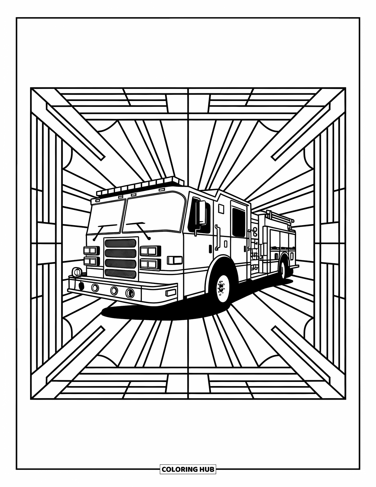 Red Coloring Page for Adults: A fire truck sits at the center of a stained glass geometric frame