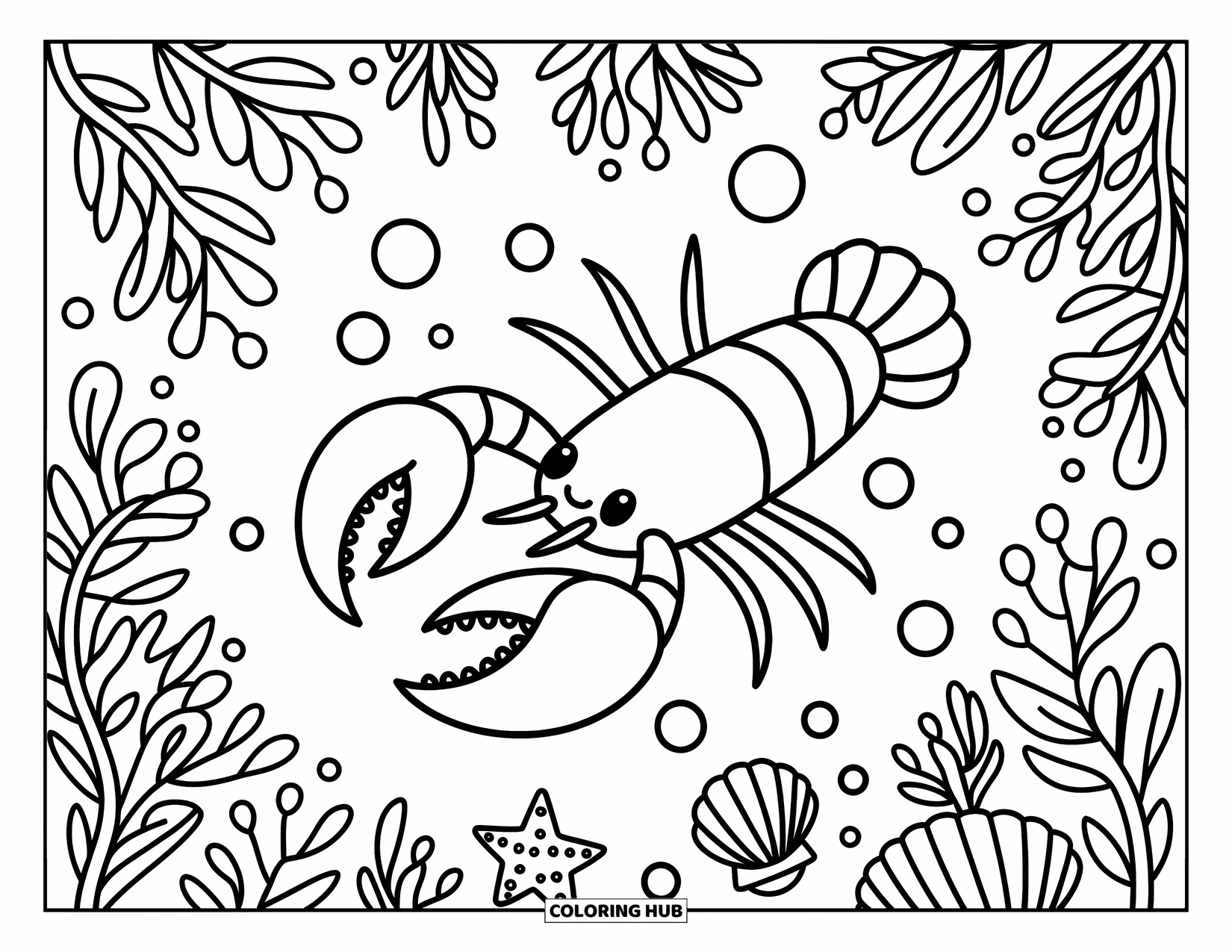 Red Coloring Page for Adults: A lobster with curled claws rests in coral with starfish and seashells nearby