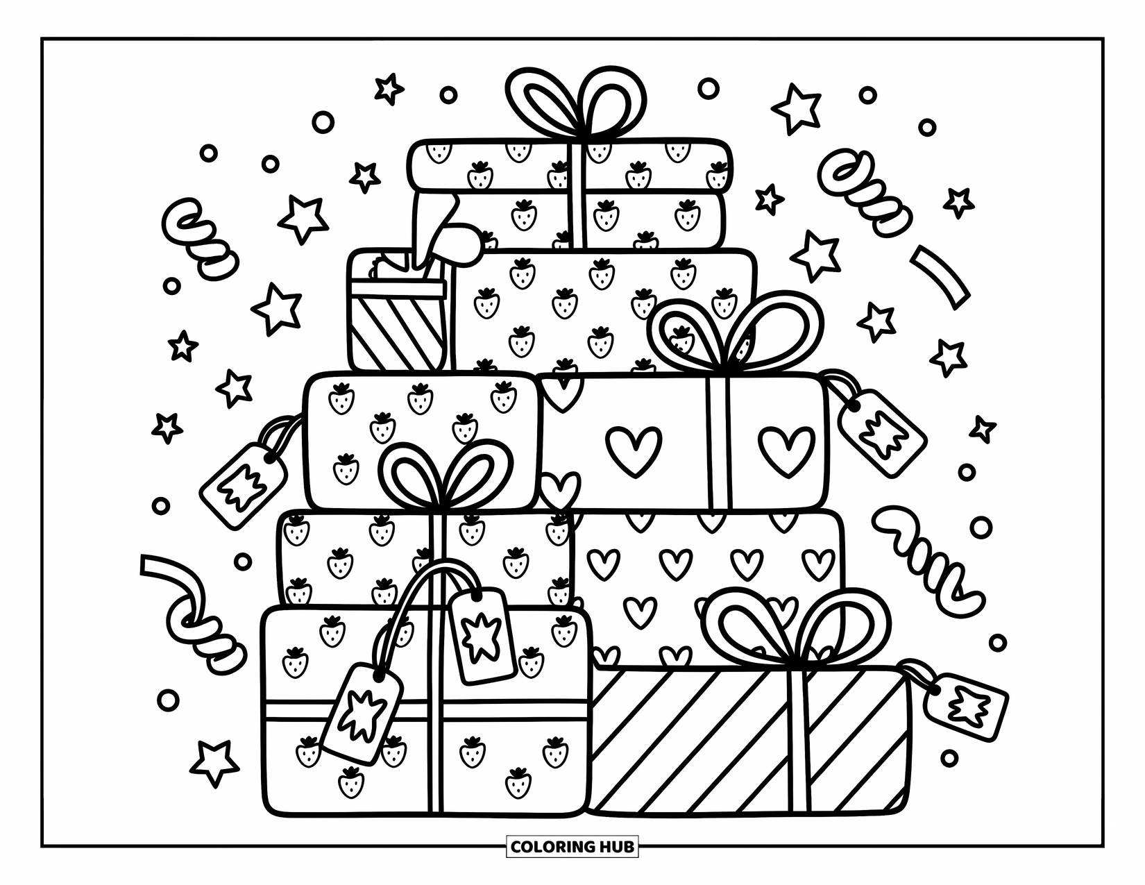 Red Coloring Page for Adults: A stack of gifts with bows, hearts, and strawberries sits among streamers and stars