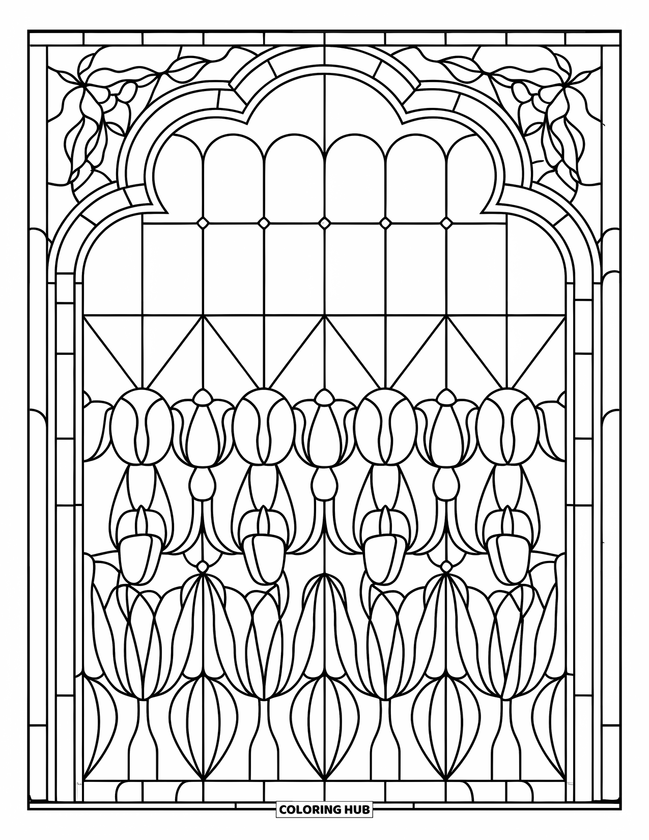 Red Coloring Page for Adults: A stained glass window with tulips and floral corners stands out in bold outlines
