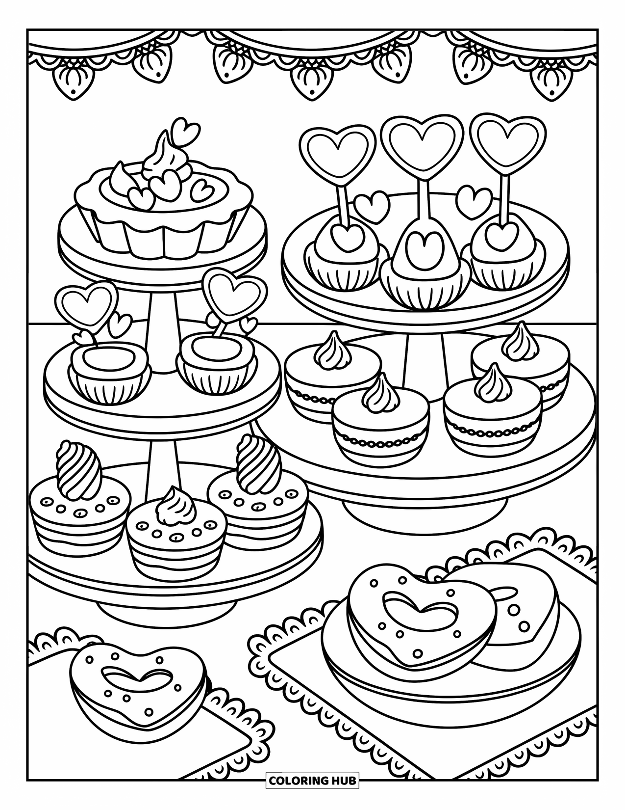Red Coloring Page for Adults: A sweet dessert table features heart-shaped treats and scalloped napkins