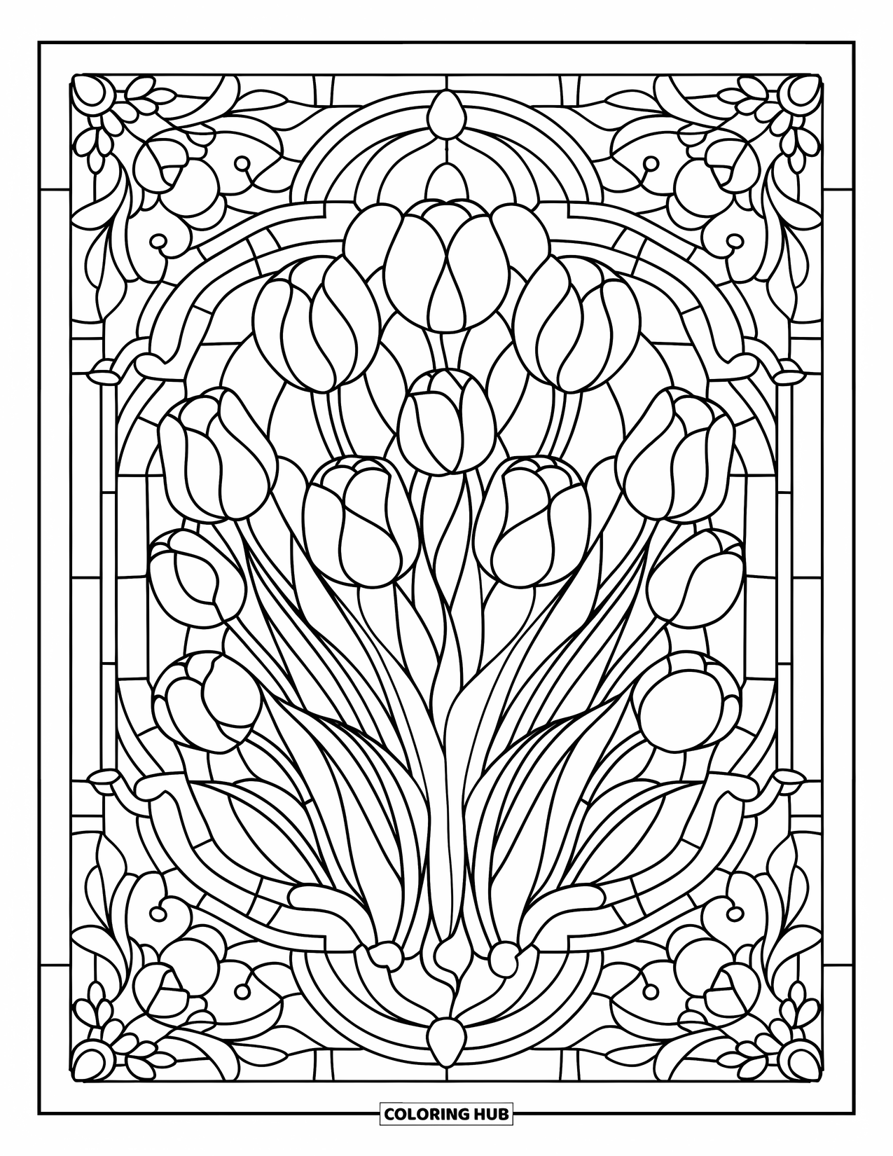 Red Coloring Page for Adults: A tulip-filled stained glass window has floral accents and intricate shapes