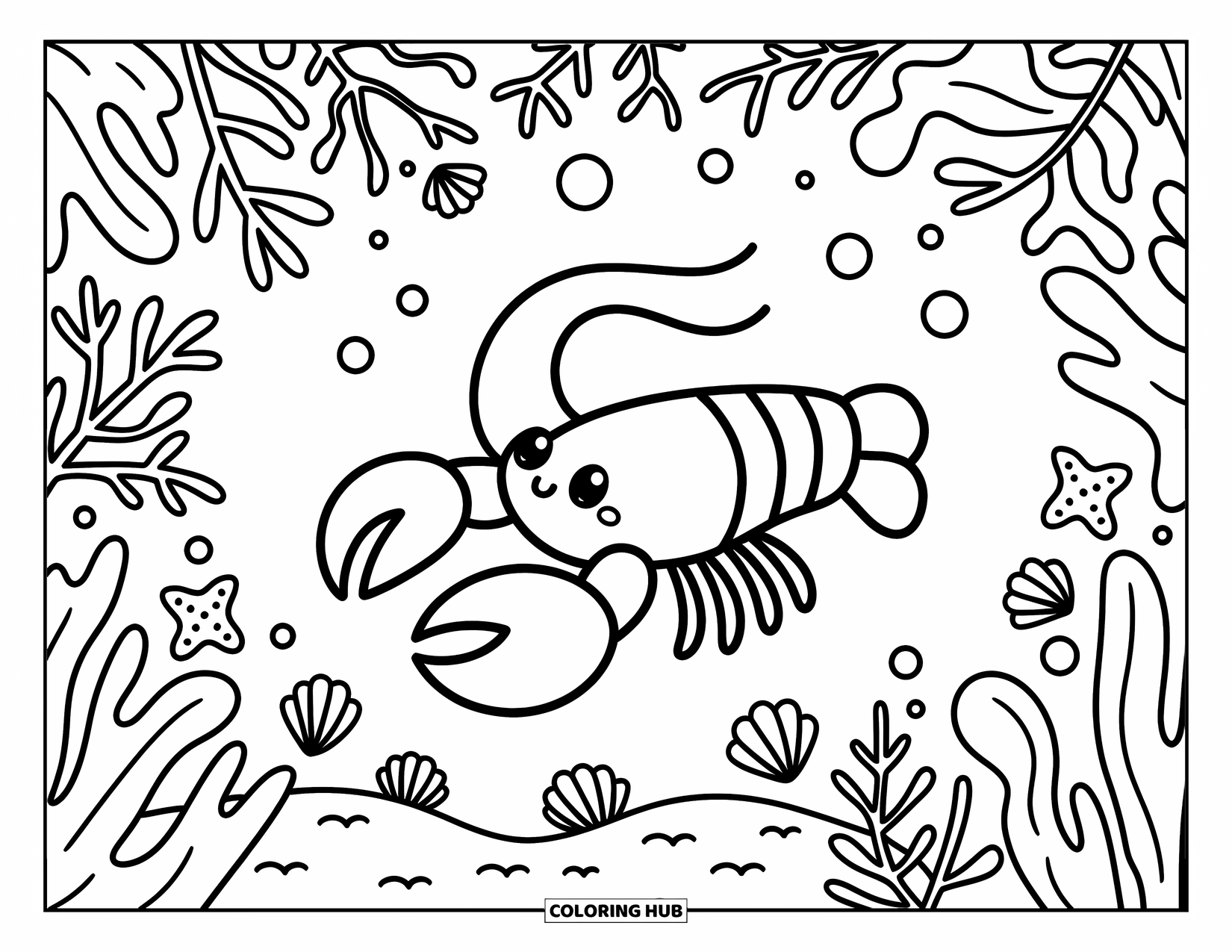Red Coloring Page for Adults: Bubbles rise around a lobster nestled in coral and playful ocean plants