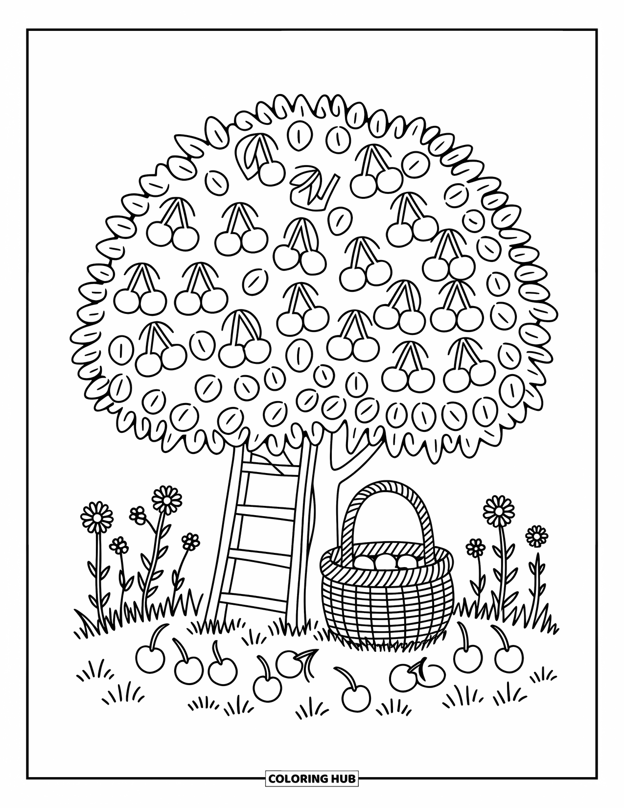 Red Coloring Page for Adults: Cherries fall from a low tree onto clover, a basket, and a wooden ladder